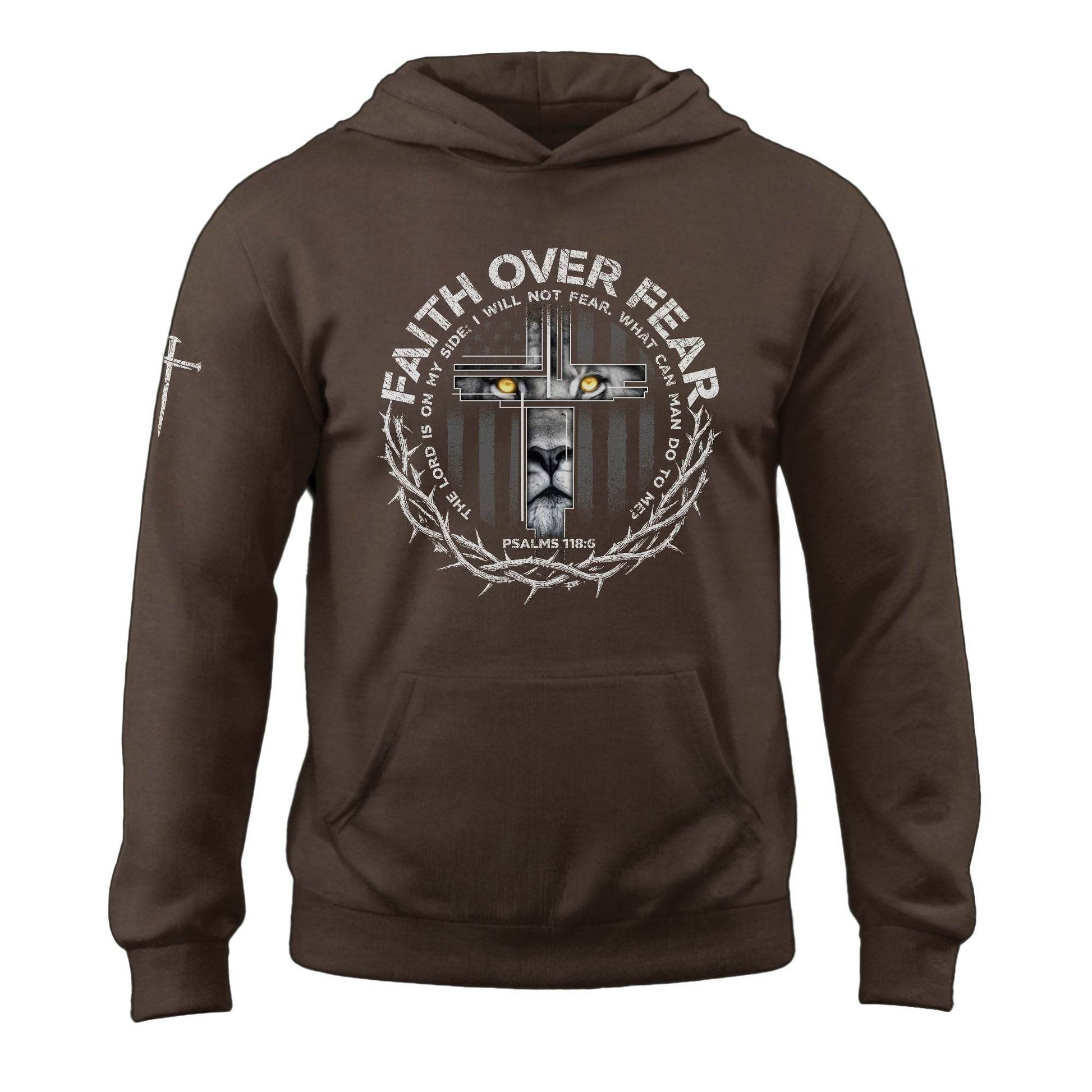 Faith Over Fear Lion Cross Crown of Thorns Psalms 118:6 Hoodie - Rust Field Wear