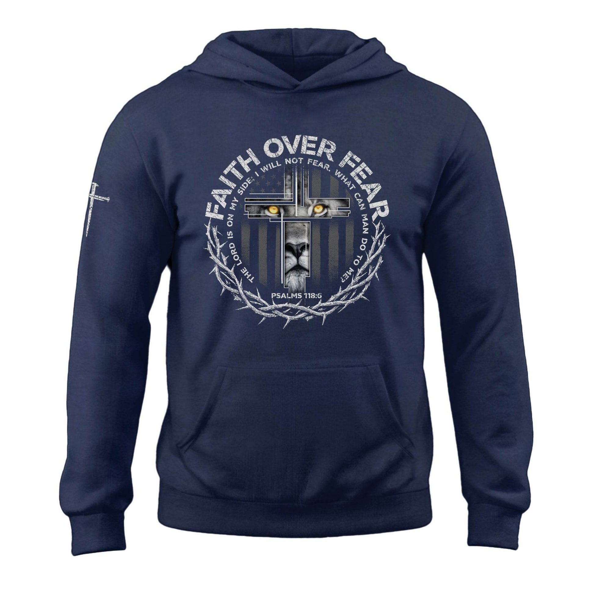 Faith Over Fear Lion Cross Crown of Thorns Psalms 118:6 Hoodie - Rust Field Wear