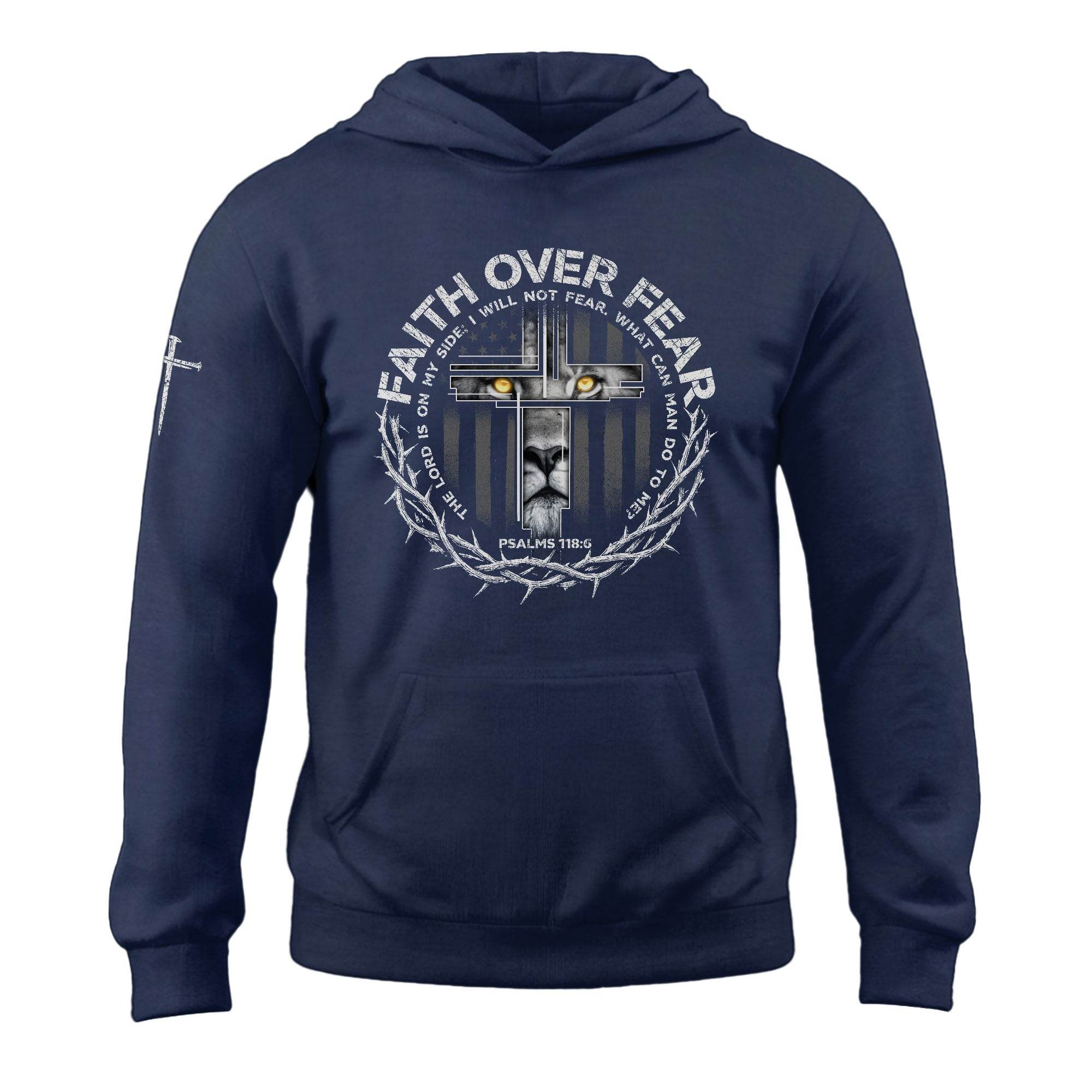 Faith Over Fear Lion Cross Crown of Thorns Psalms 118:6 Hoodie - Rust Field Wear