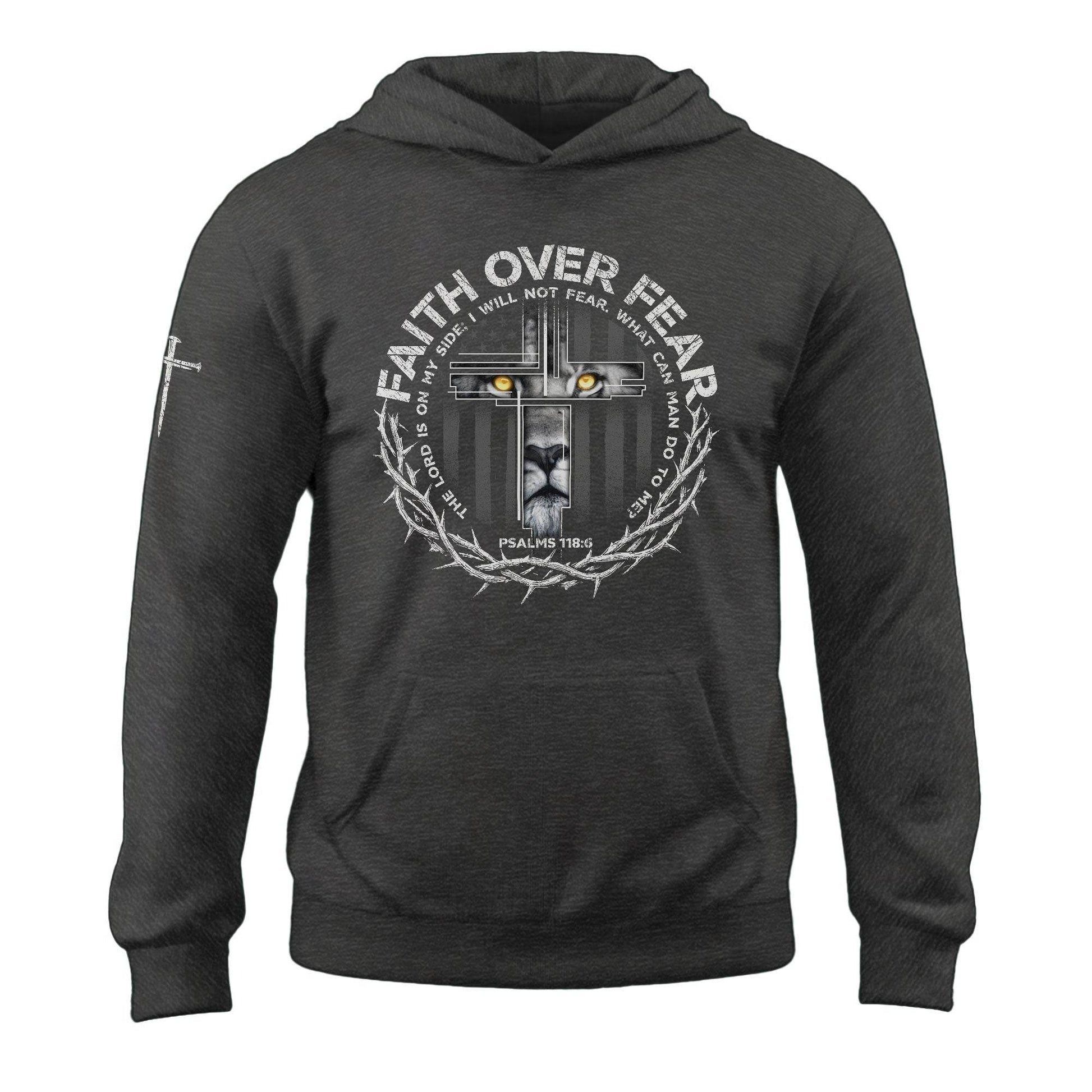 Faith Over Fear Lion Cross Crown of Thorns Psalms 118:6 Hoodie - Rust Field Wear