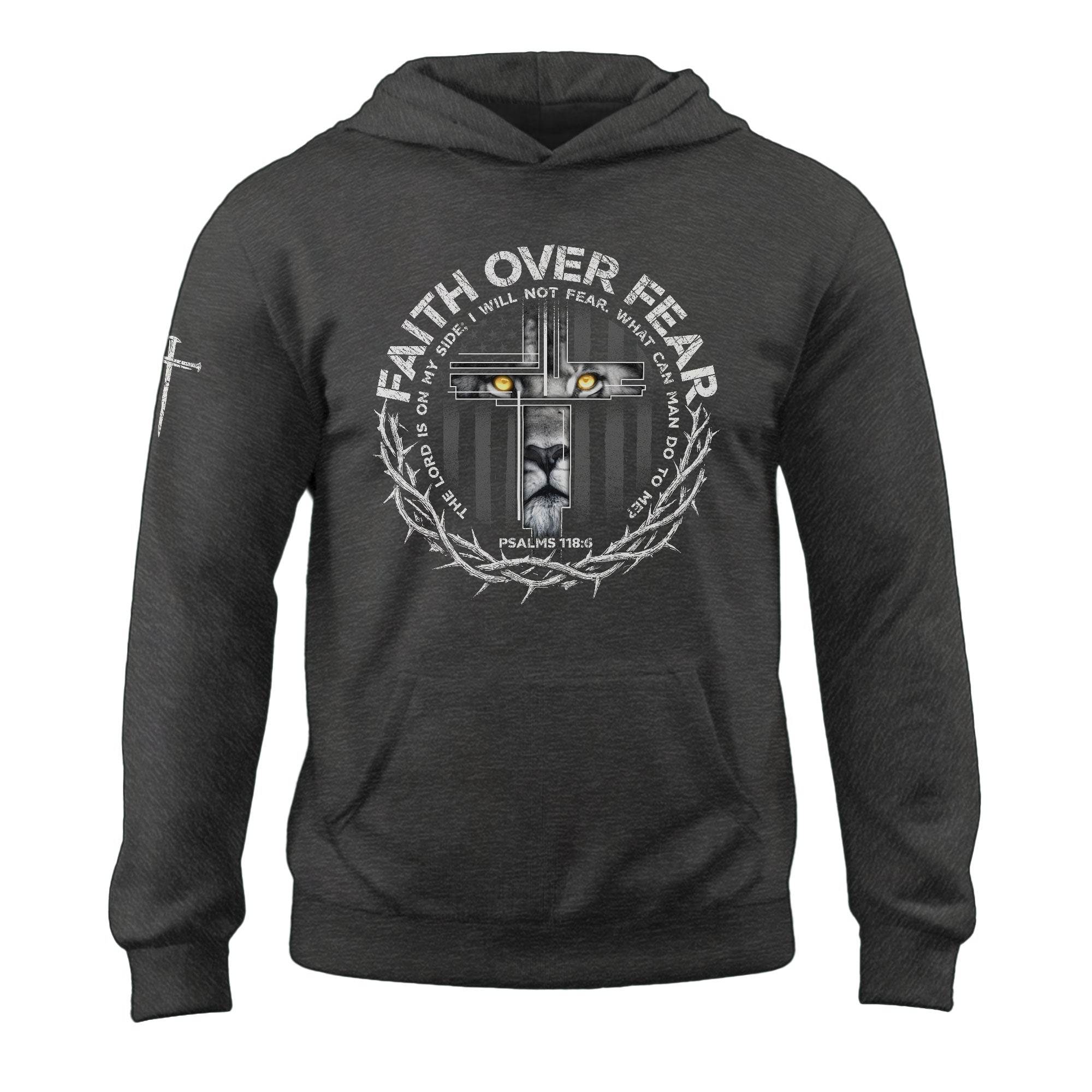 Faith Over Fear Lion Cross Crown of Thorns Psalms 118:6 Hoodie - Rust Field Wear