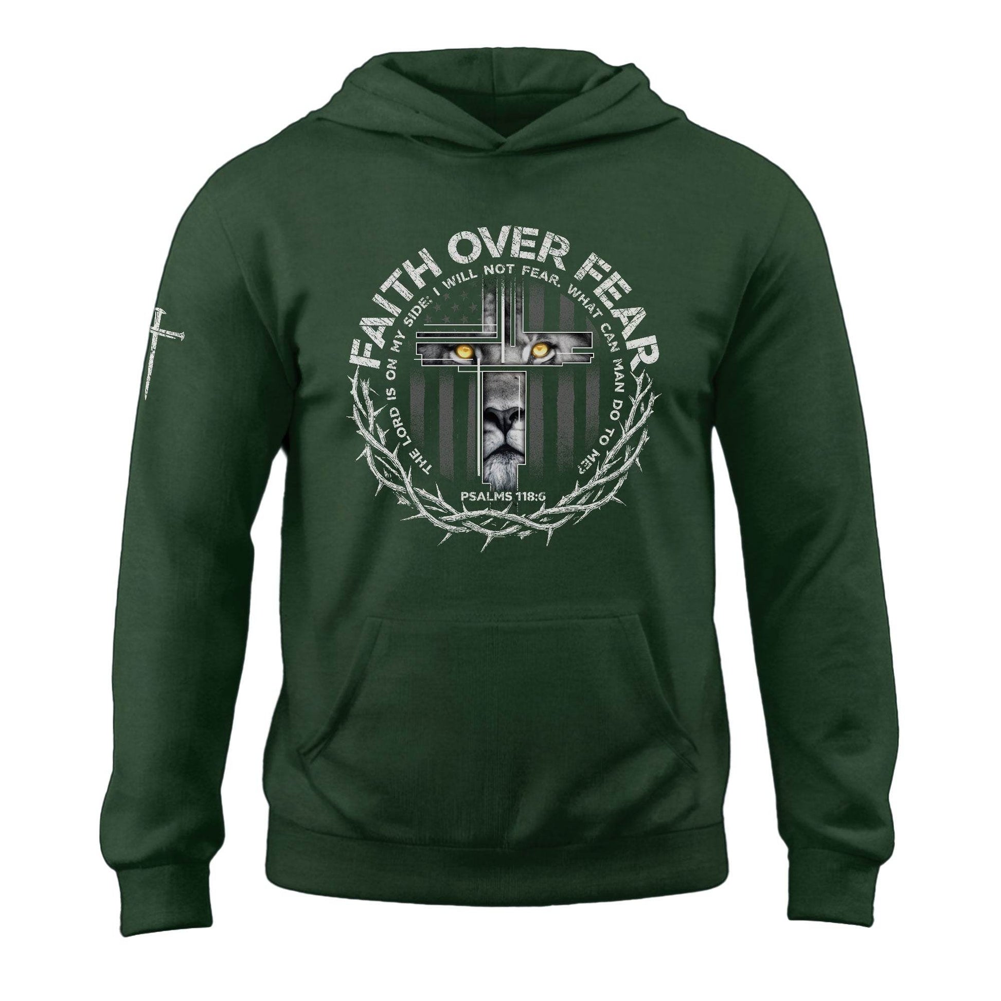 Faith Over Fear Lion Cross Crown of Thorns Psalms 118:6 Hoodie - Rust Field Wear