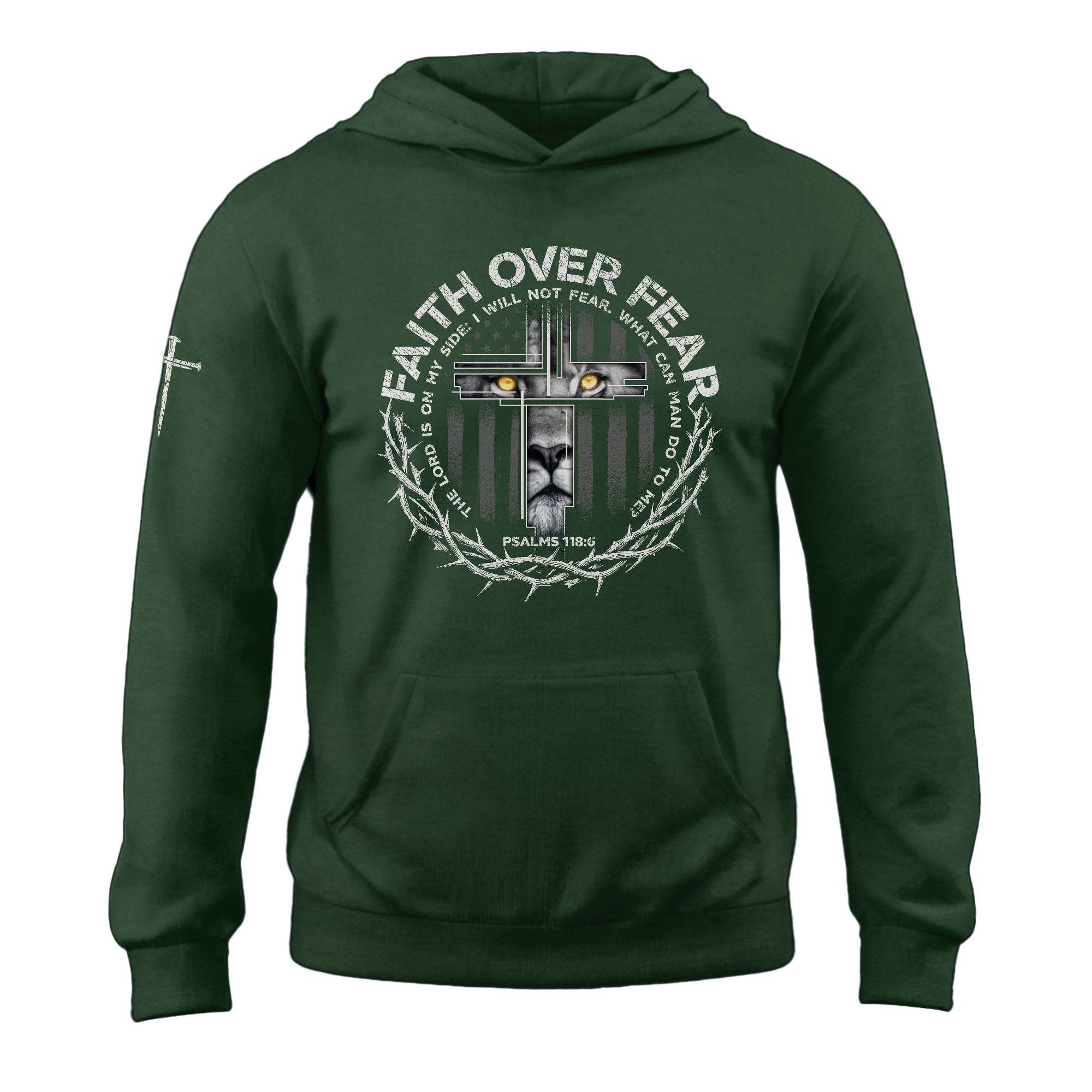 Faith Over Fear Lion Cross Crown of Thorns Psalms 118:6 Hoodie - Rust Field Wear