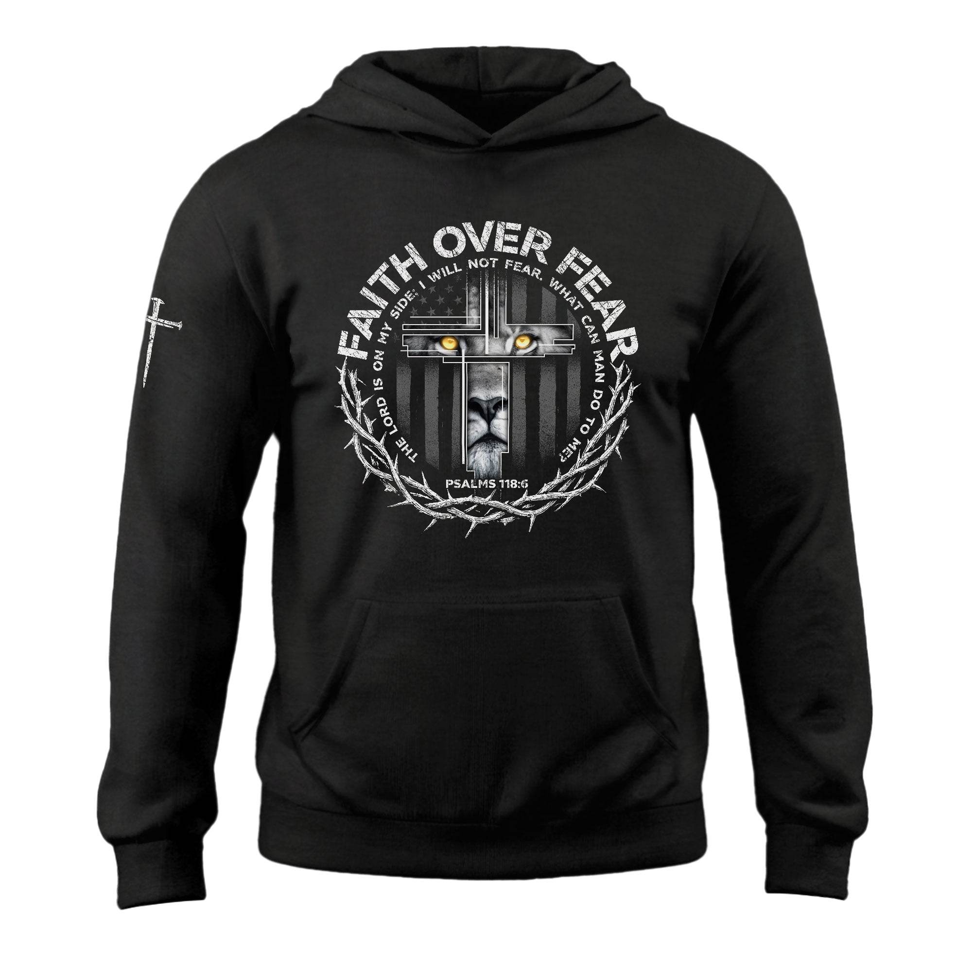 Faith Over Fear Lion Cross Crown of Thorns Psalms 118:6 Hoodie - Rust Field Wear