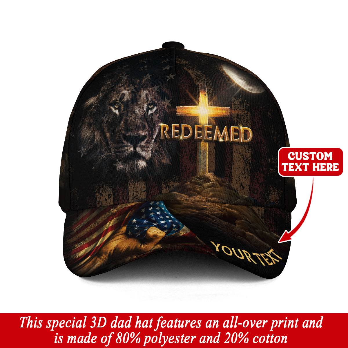 REDEEMED Lion of Judah Cap – Cross & Flag Patriotic Christian Personalized Hat - Rust Field Wear