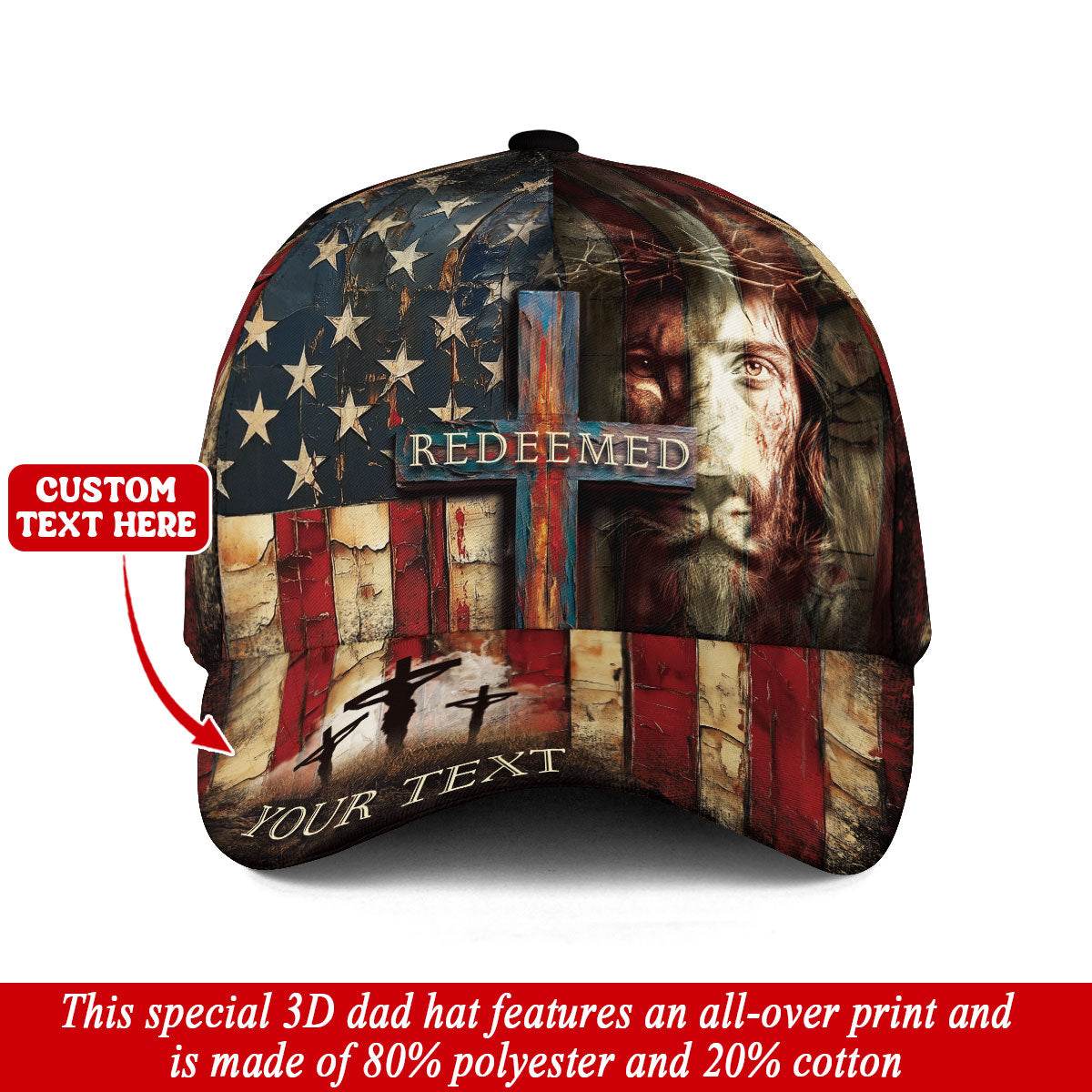 REDEEMED Christian Flag Cap – Jesus Face & Cross Patriotic Personalized Hat - Rust Field Wear