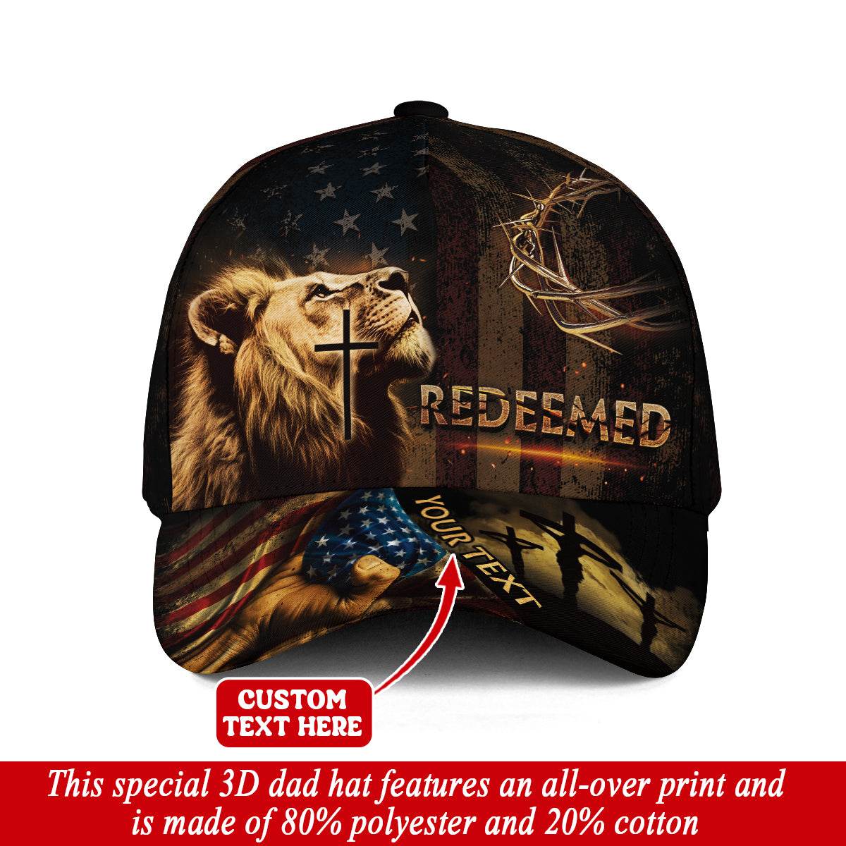 REDEEMED Patriotic Christian Hat – Lion, Cross & Crown of Thorns Personalized Design - Rust Field Wear