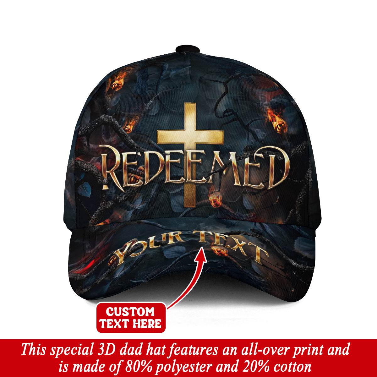 REDEEMED Cross Fire Cap – Bold Christian Statement Hat (Custom Text) - Rust Field Wear
