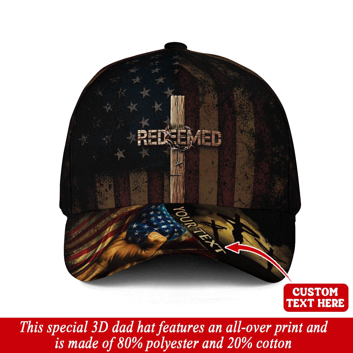 REDEEMED American Flag Cross Cap – Personalized Christian Hat - Rust Field Wear