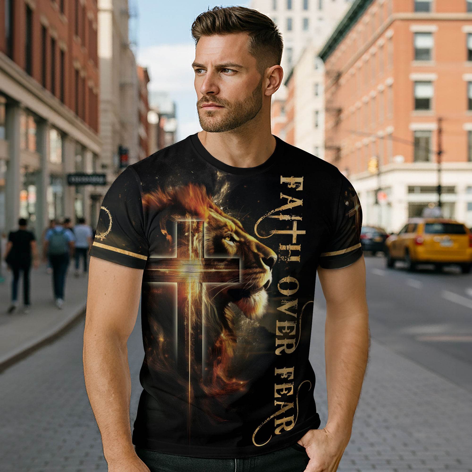 Faith Over Fear Lion and Cross Double-Sided Christian T-Shirt - Rust Field Wear