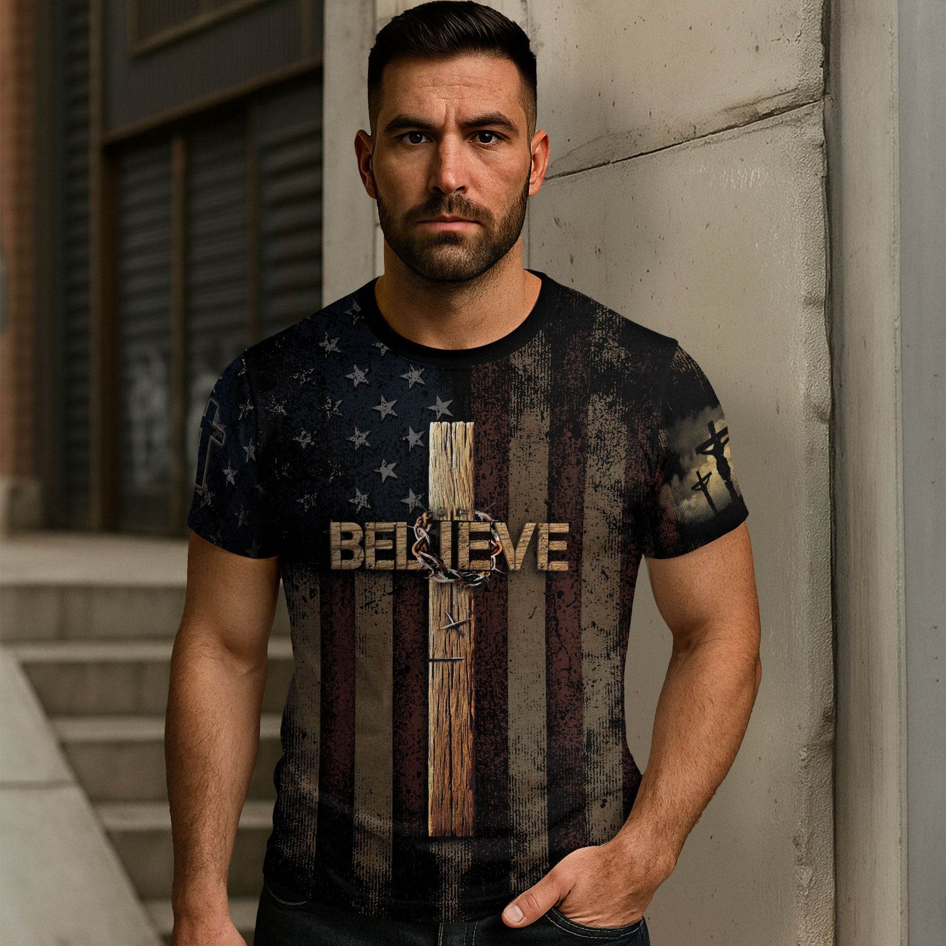 Believe in the Cross | American Christian Faith Tee with Crucified Savior - Rust Field Wear