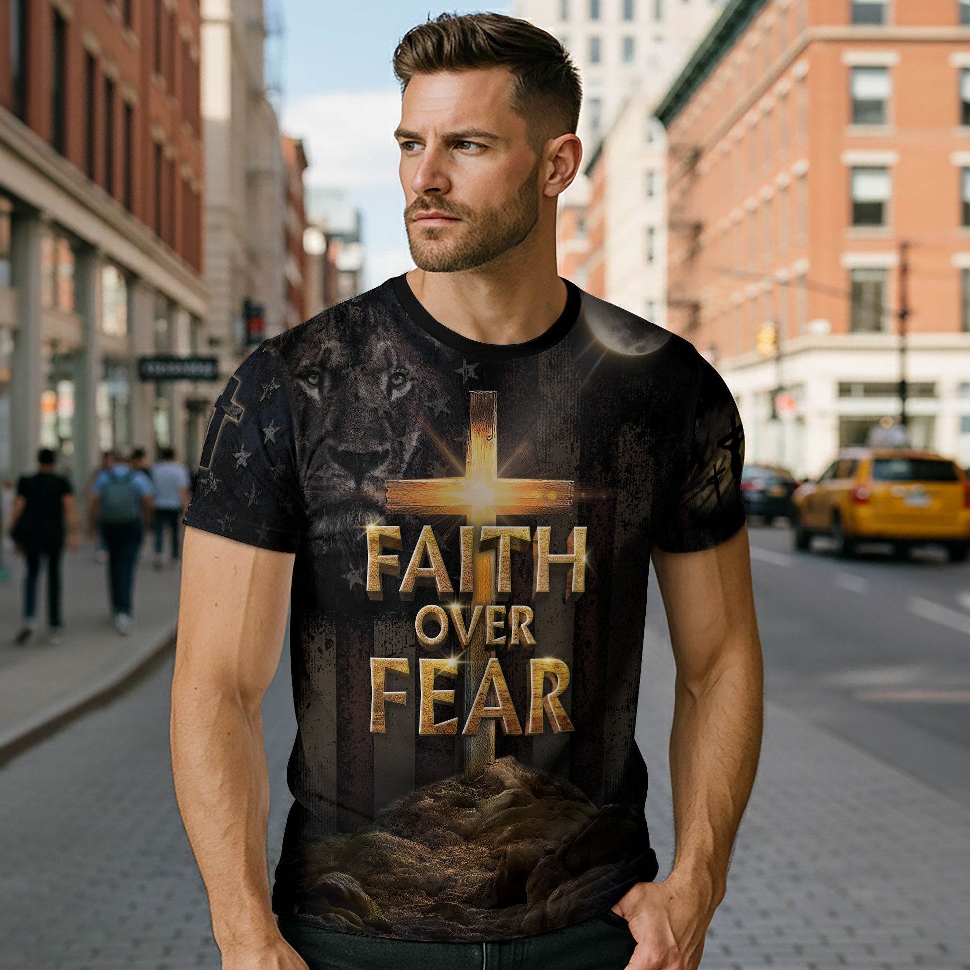 Faith Over Fear | Cross of Light & Warrior Lion Christian Shirt - Rust Field Wear