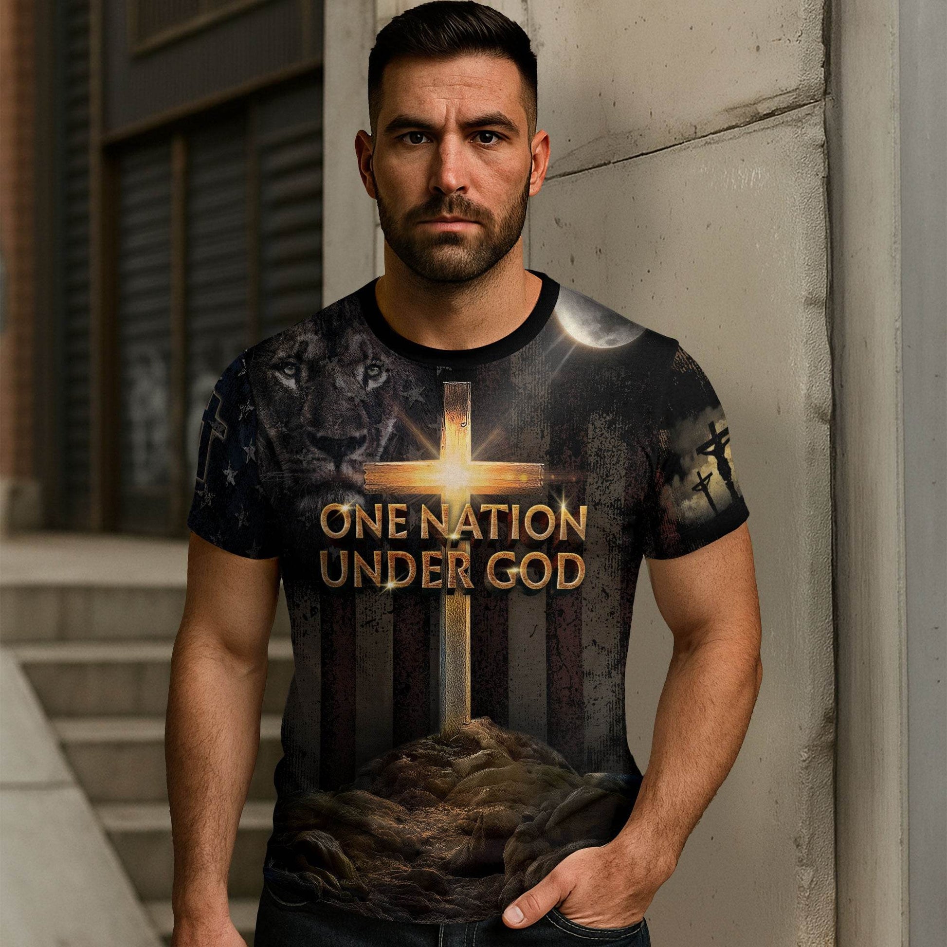 One Nation Under God | Cross of Glory & Lion in Shadow Tee - Rust Field Wear