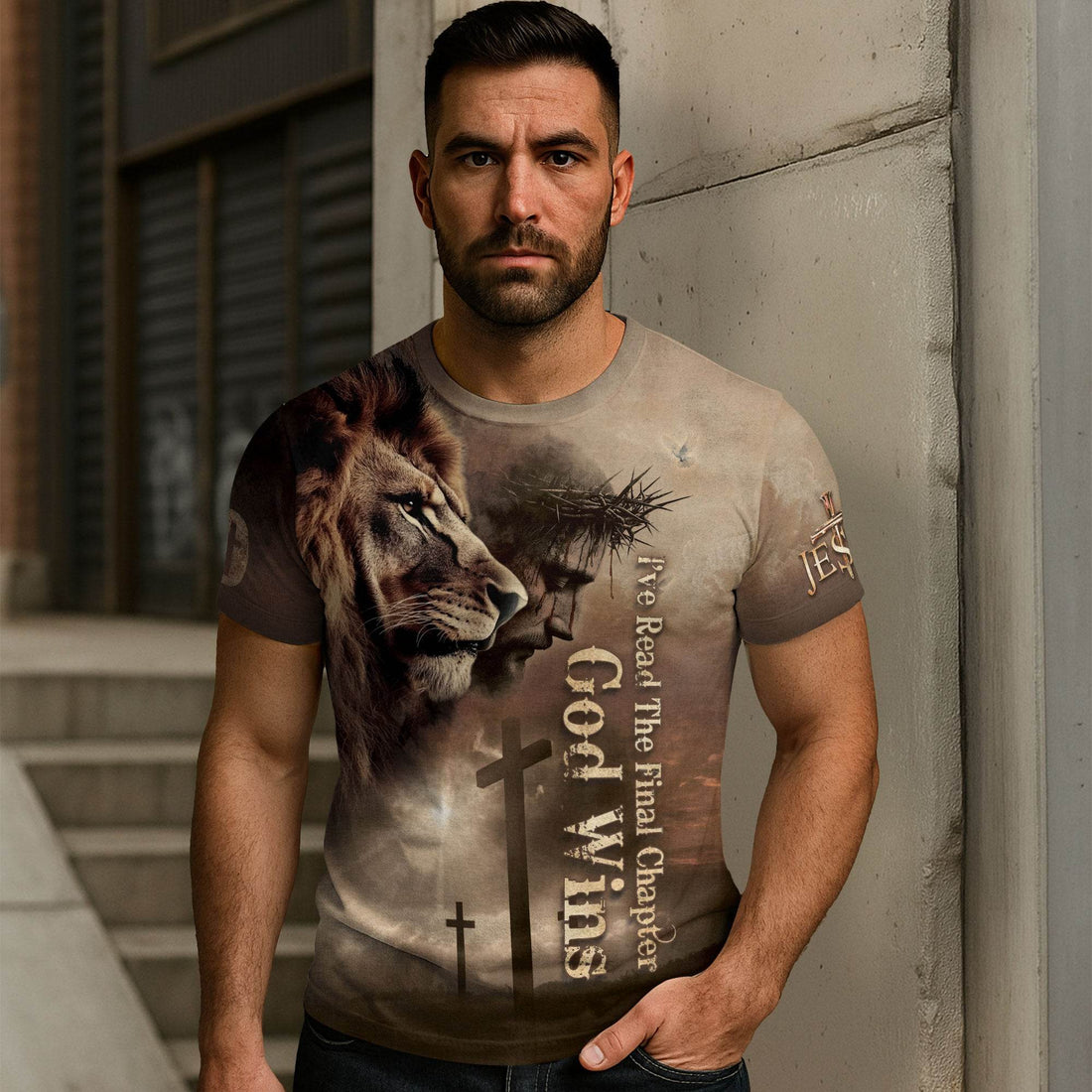 The Lion Watches, God Wins | Victory in Christ Design T-Shirt - Rust Field Wear