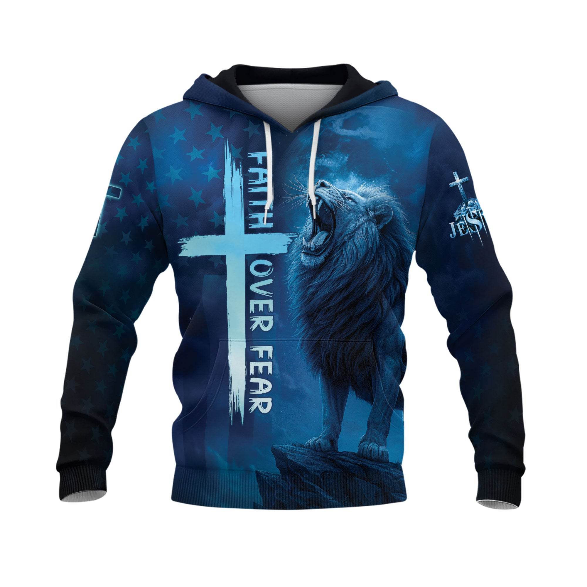 Faith Over Fear Blue Lion & Cross Christian Hoodie - Rust Field Wear
