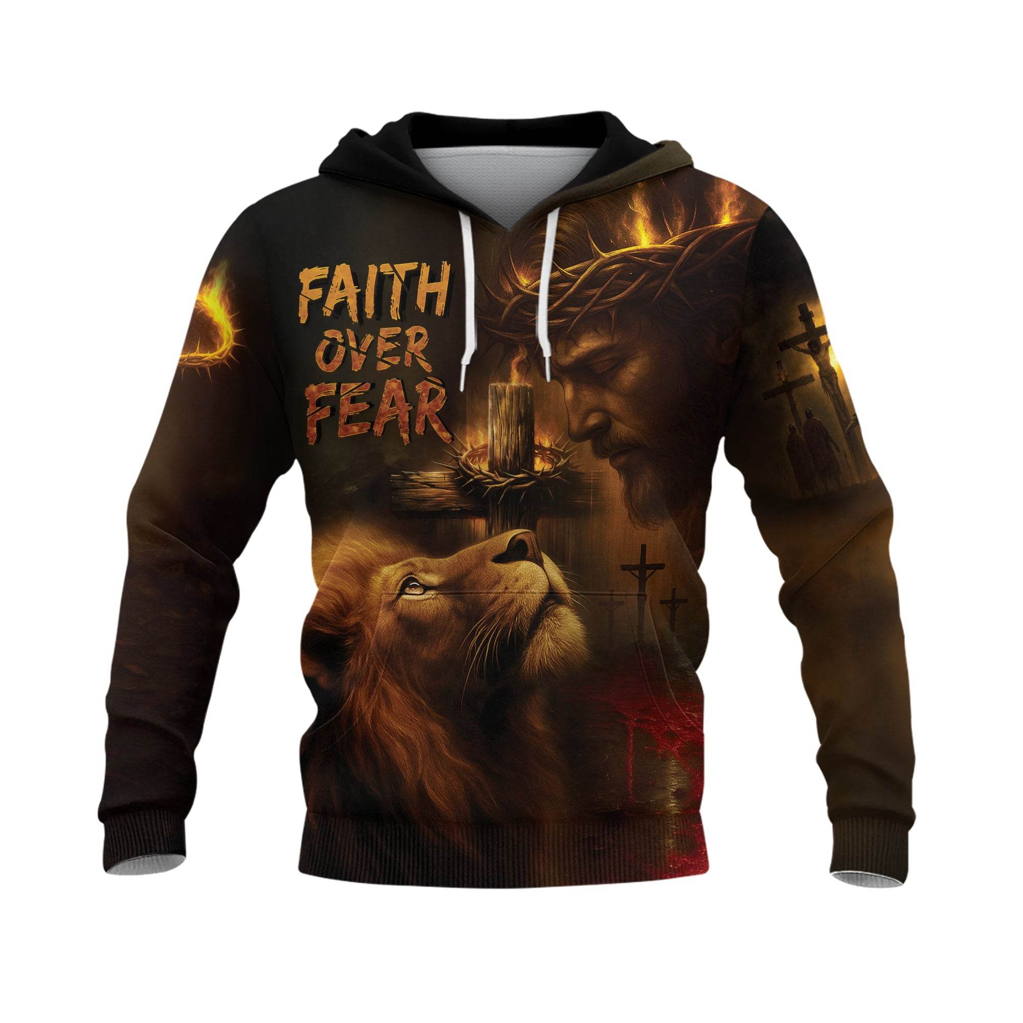 Faith Over Fear Lion & Jesus Crown of Thorns Christian Hoodie - Rust Field Wear
