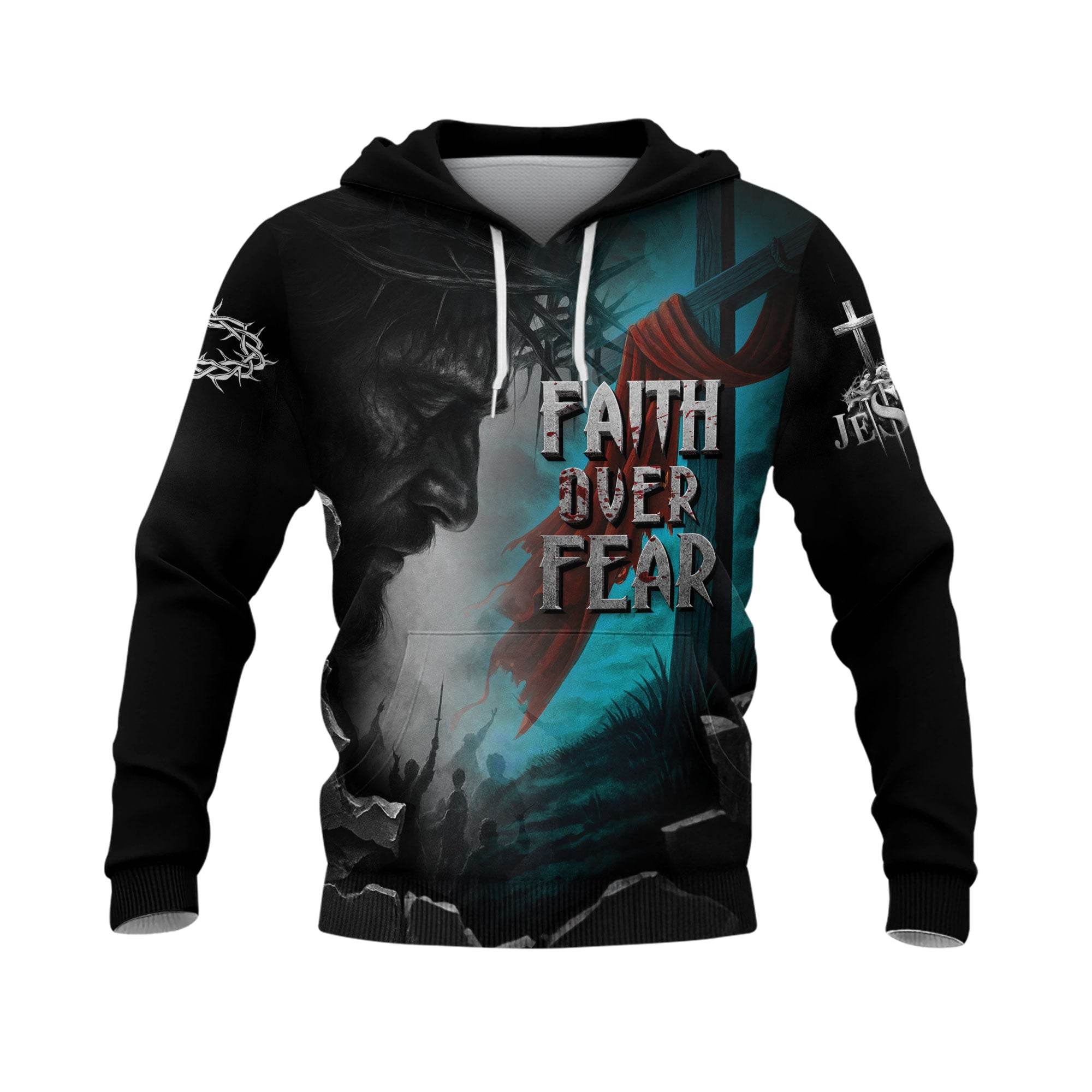 Faith Over Fear Jesus & Lion Cross Lightning Hoodie - Rust Field Wear