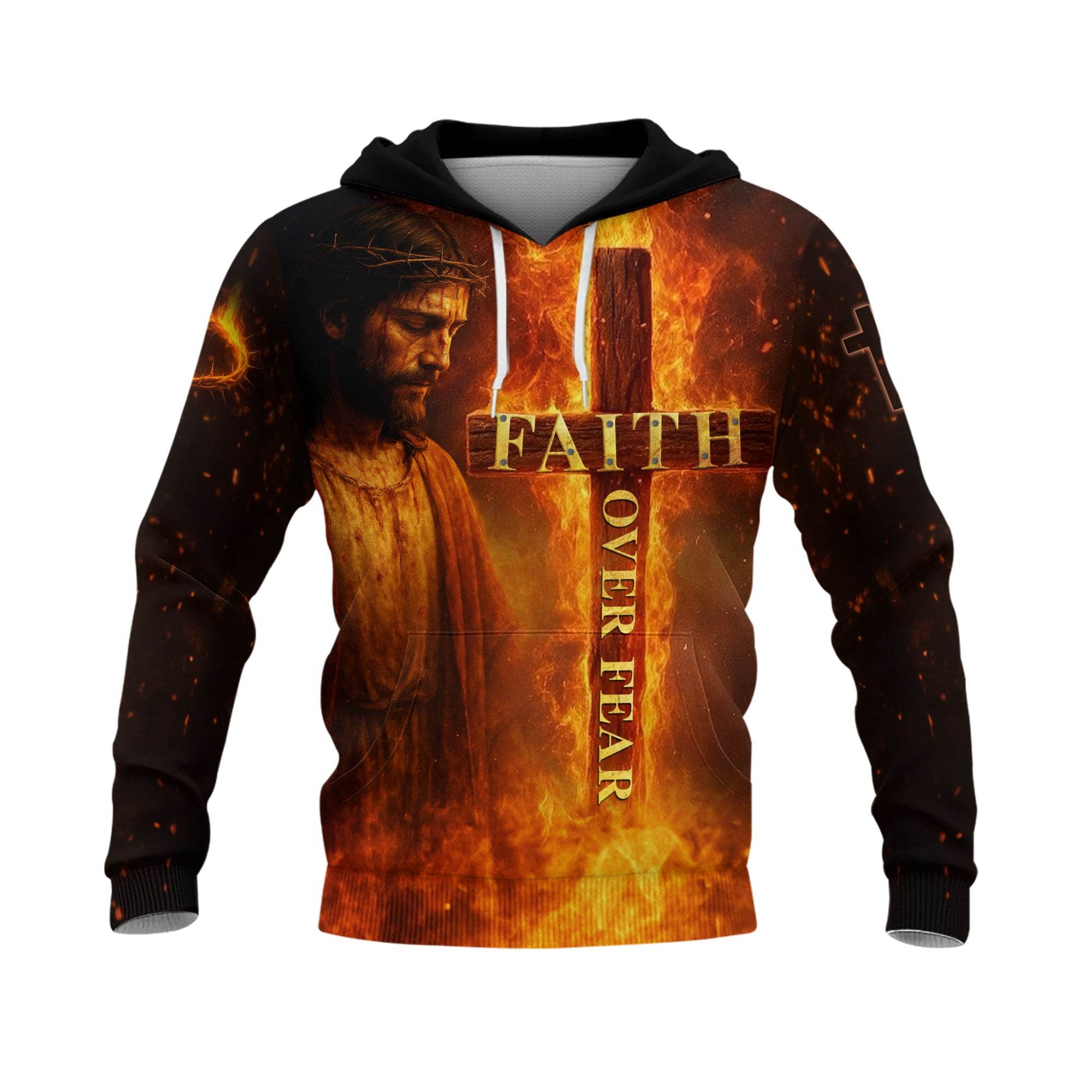 Faith Over Fear Cross & Lion of Judah Flame Design Hoodie - Rust Field Wear