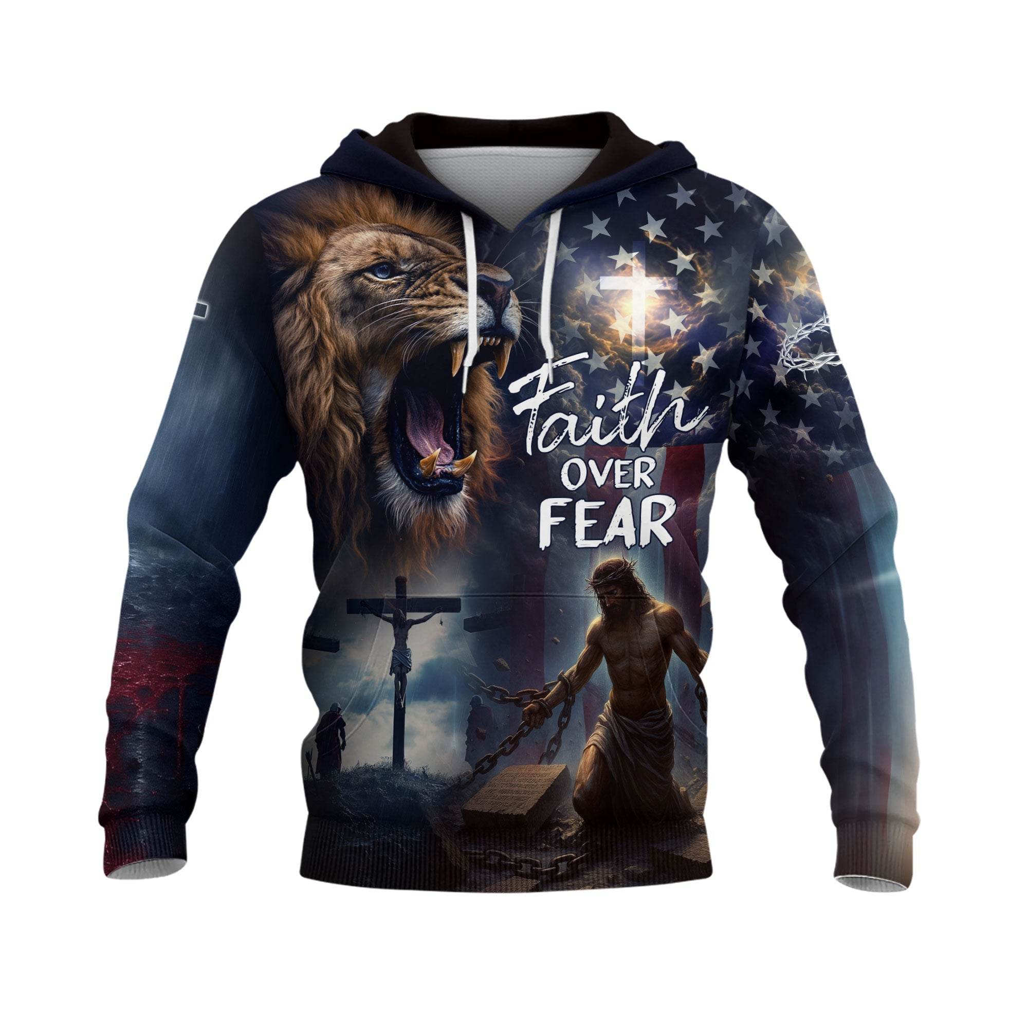 Faith Over Fear Lion of Judah American Flag Cross Hoodie - Rust Field Wear