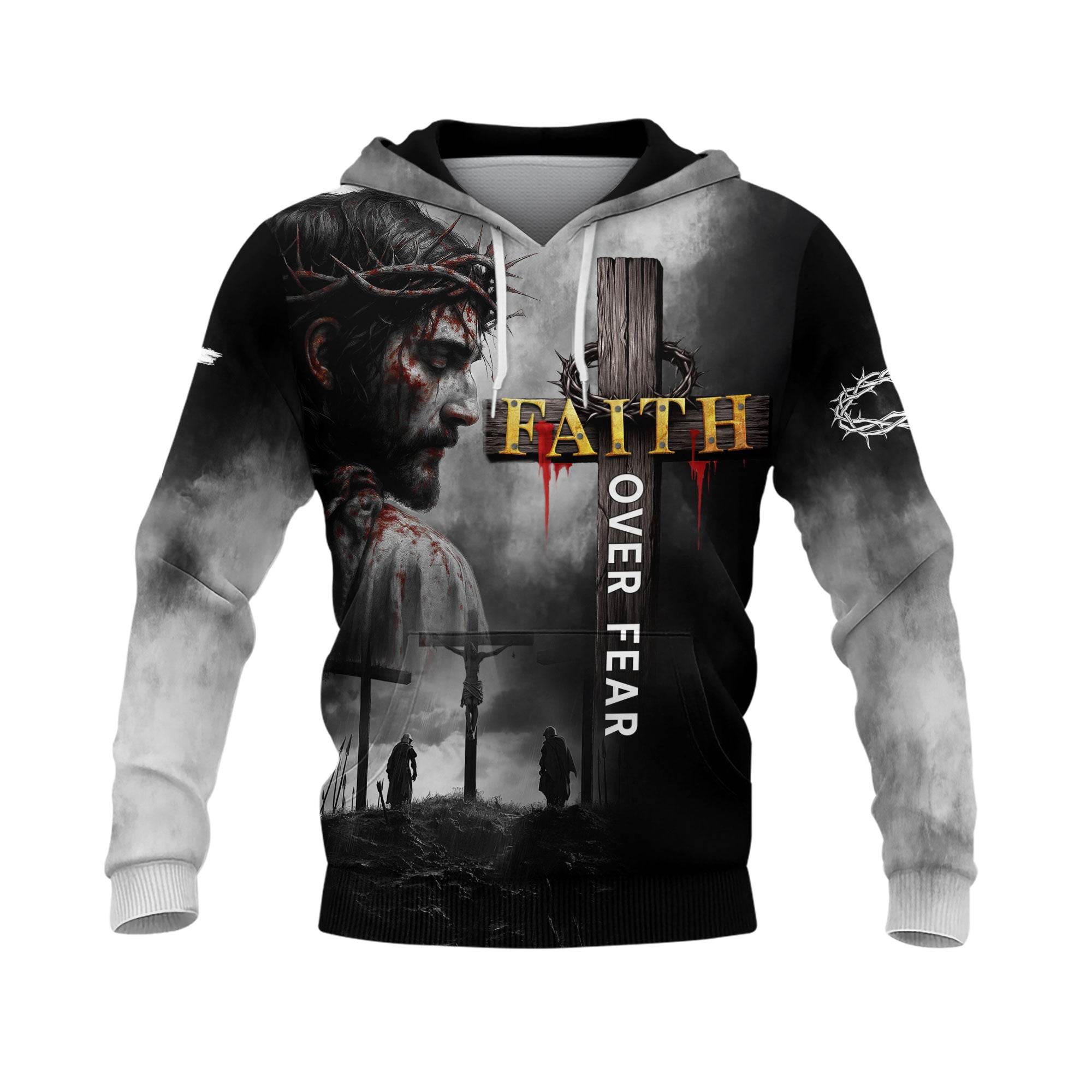 Faith Over Fear Jesus Crown of Thorns & Cross Lion Hoodie - Rust Field Wear