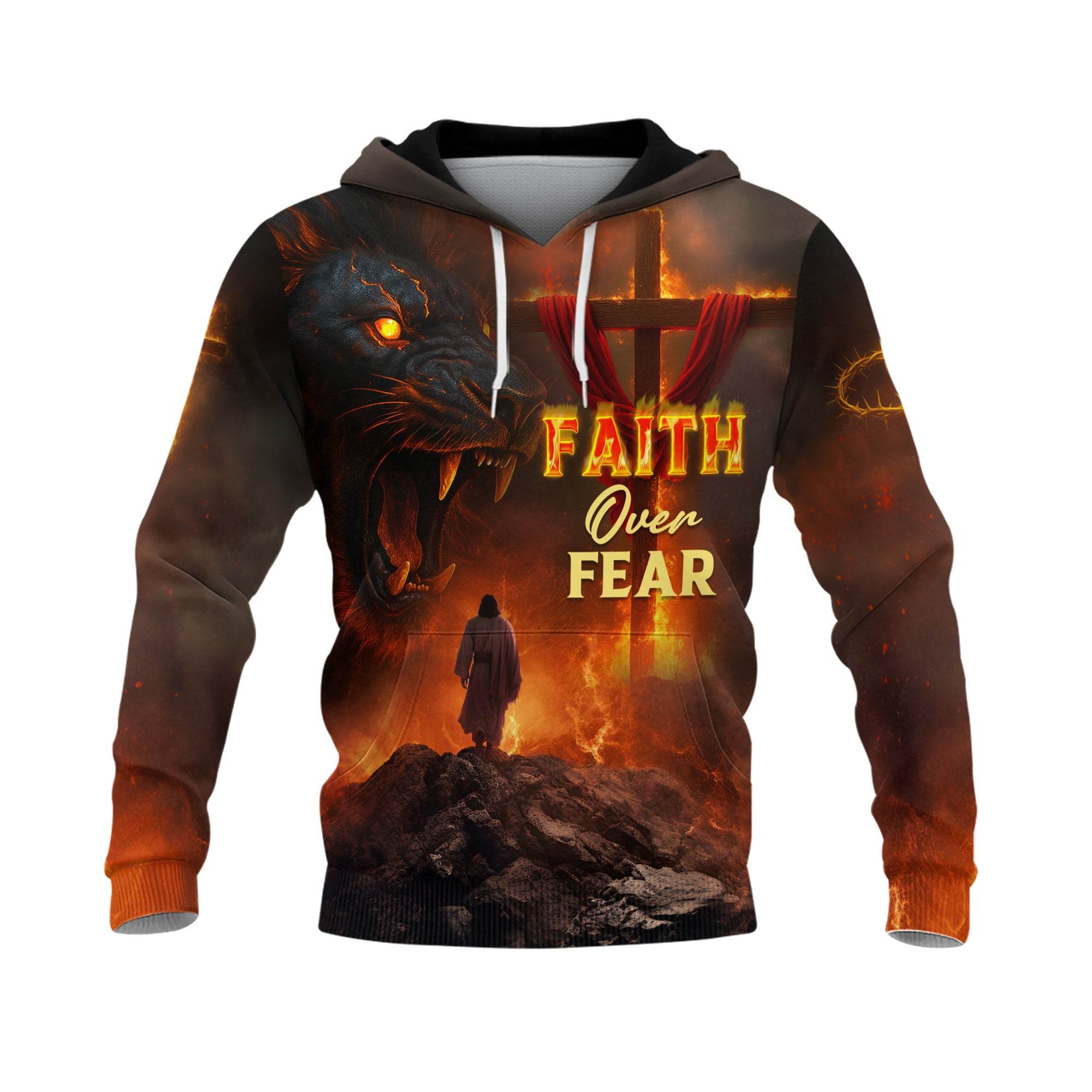 Faith Over Fear Fiery Lion & Cross Christian Hoodie - Rust Field Wear