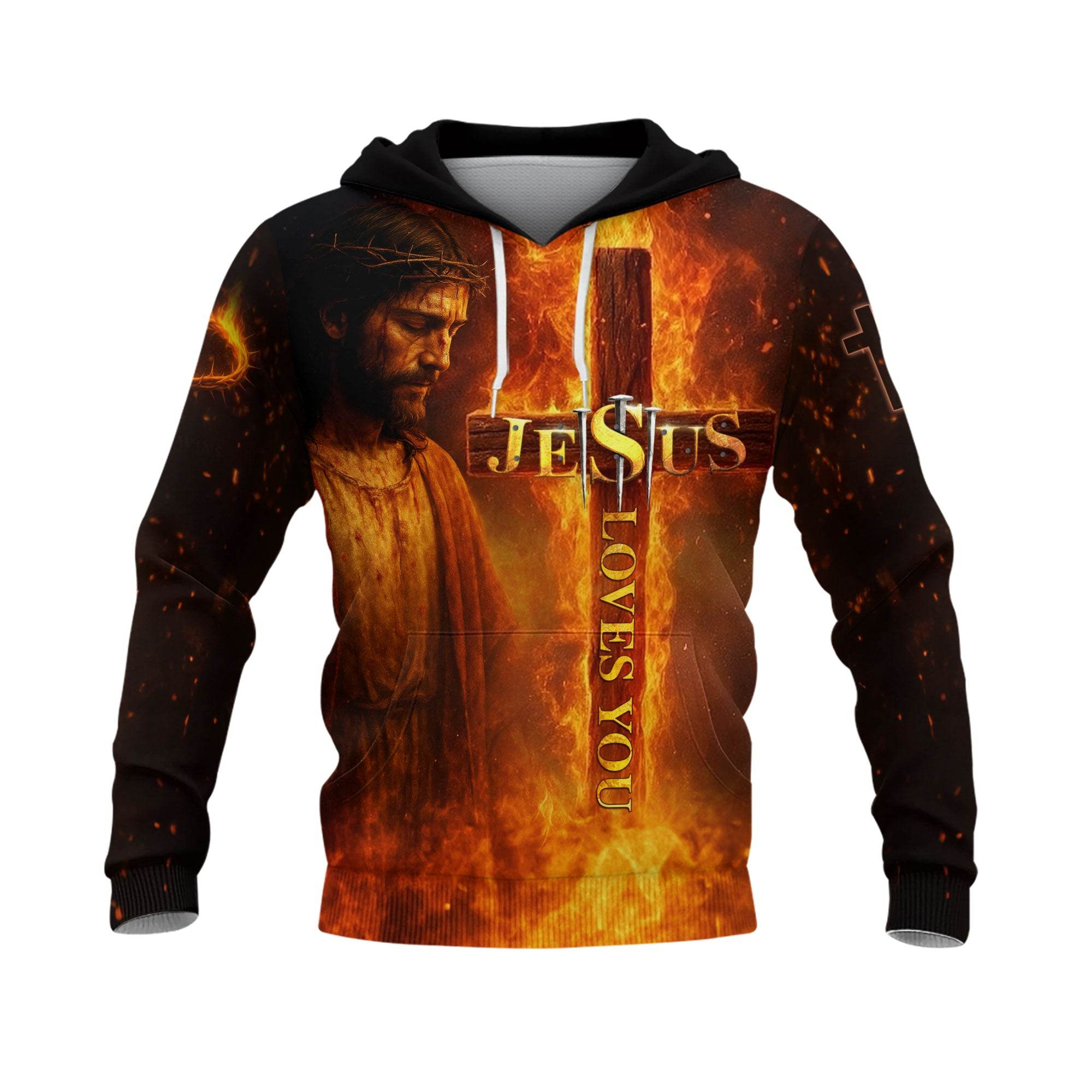 Jesus Loves You Fiery Cross & Lion of Judah Christian Hoodie - Rust Field Wear