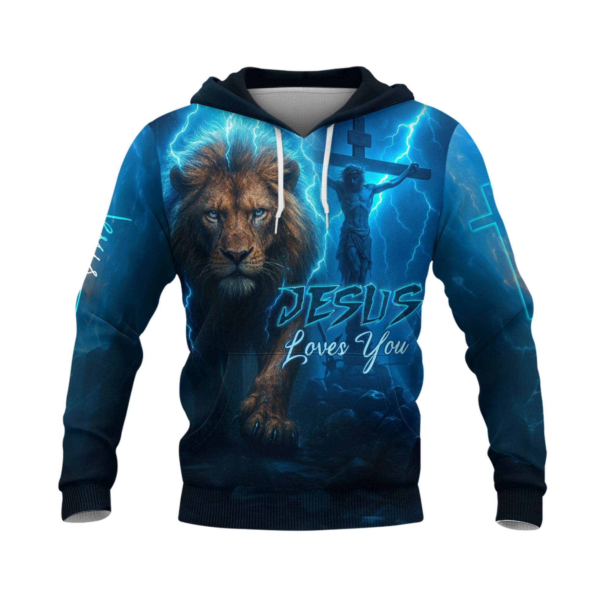 Jesus Loves You Blue Lightning Lion & Cross Christian Hoodie - Rust Field Wear