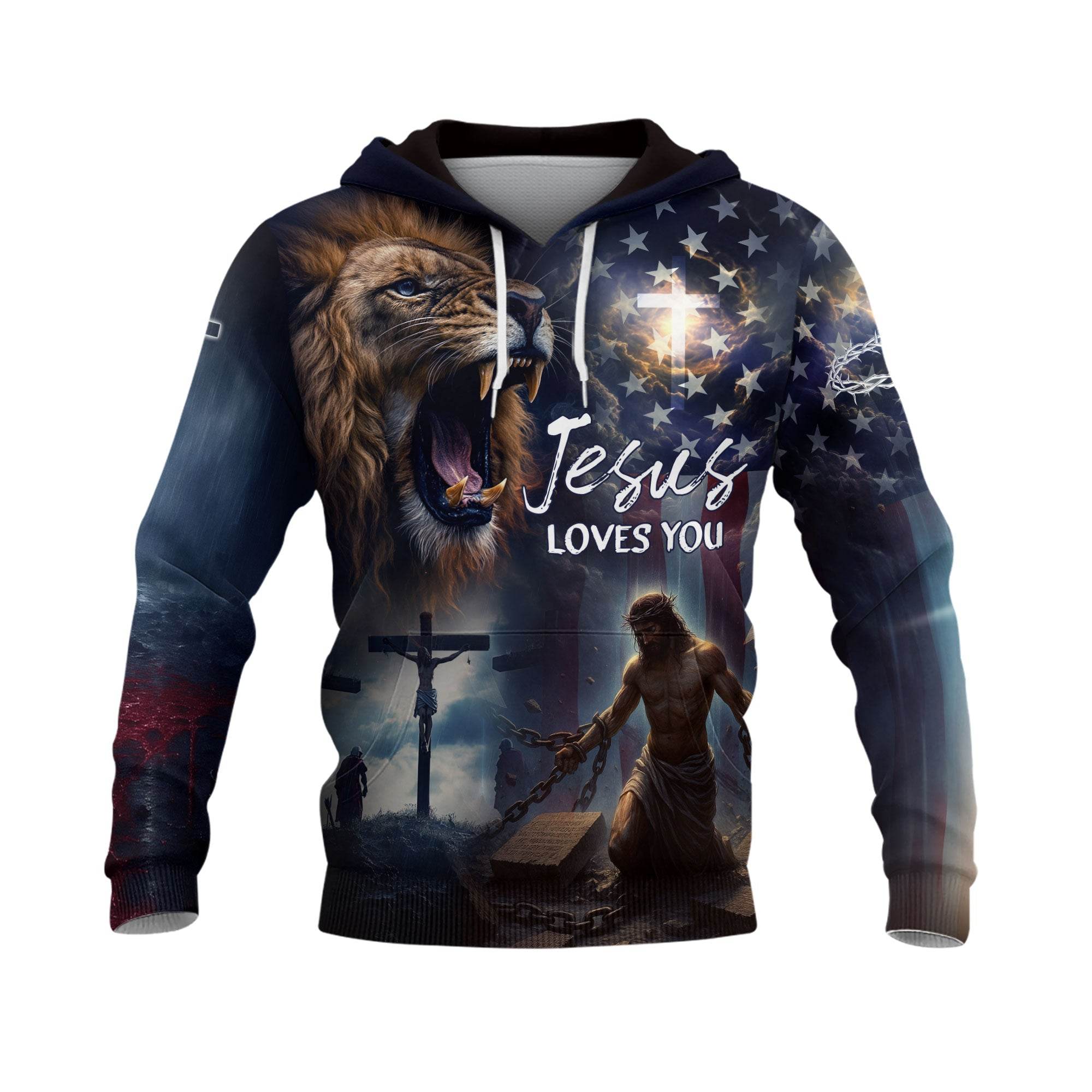 Jesus Loves You Lion Cross American Flag Christian Hoodie - Rust Field Wear