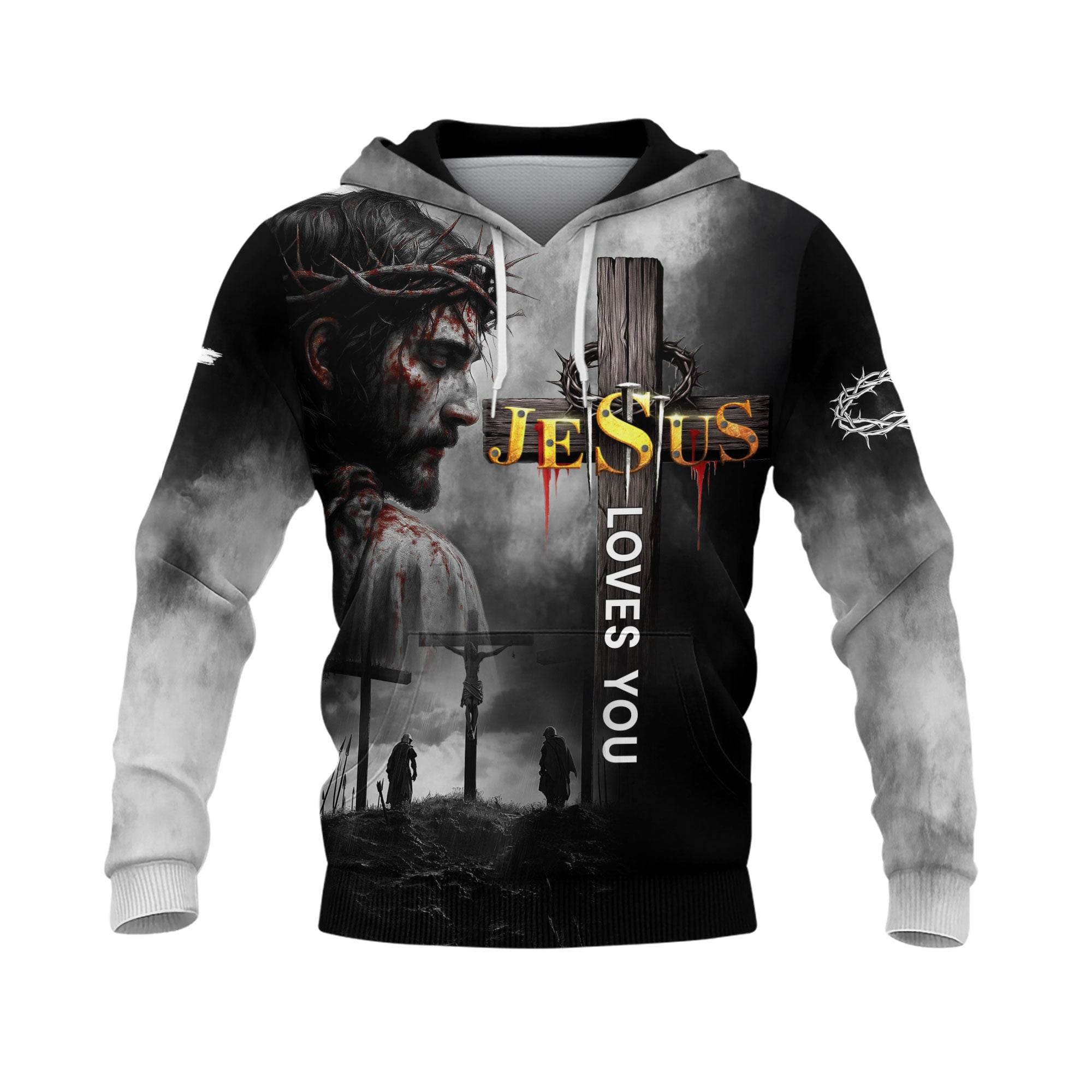 Jesus Loves You Crown of Thorns & Lion Cross Christian Hoodie - Rust Field Wear