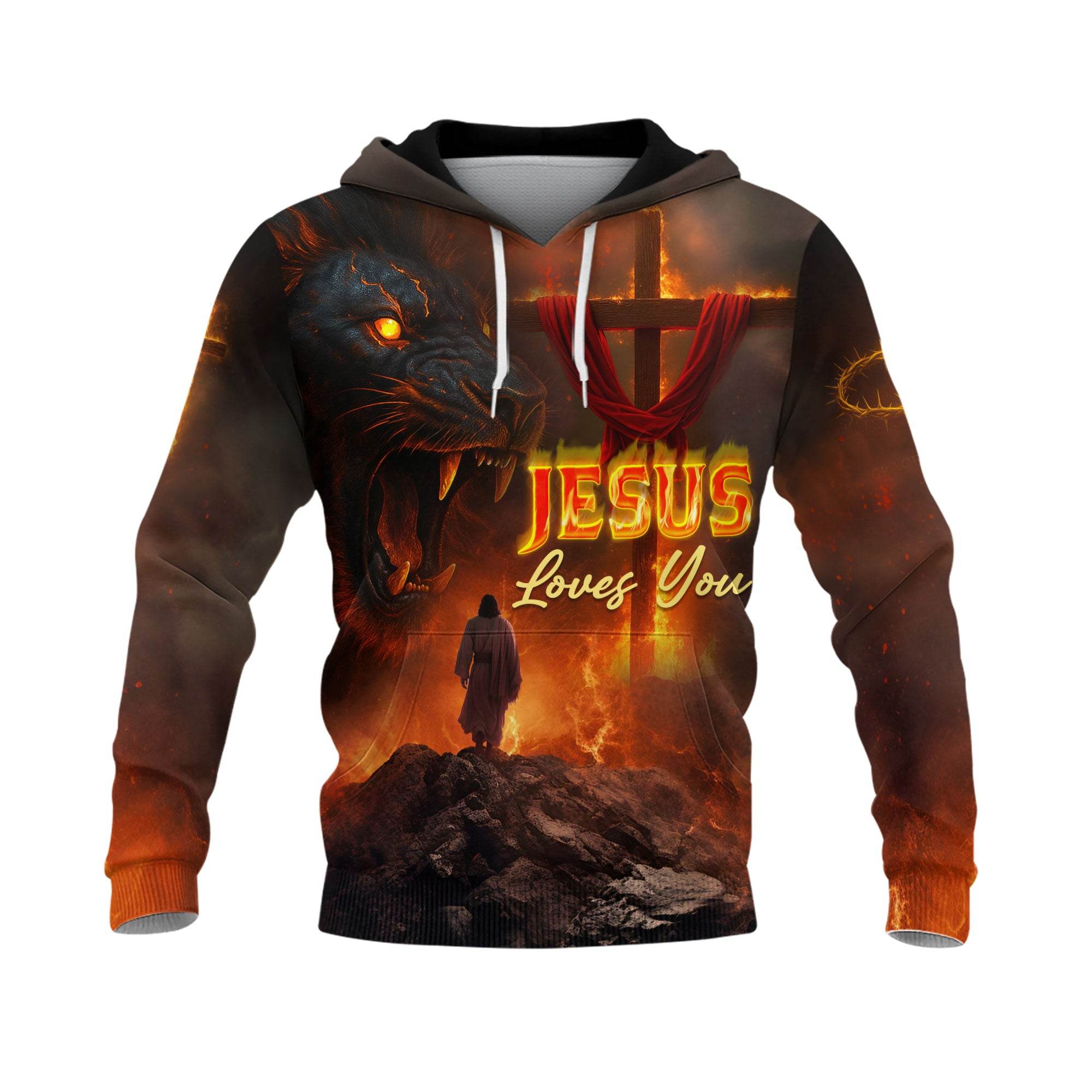 Jesus Loves You Fiery Cross & Lion Hoodie - Rust Field Wear