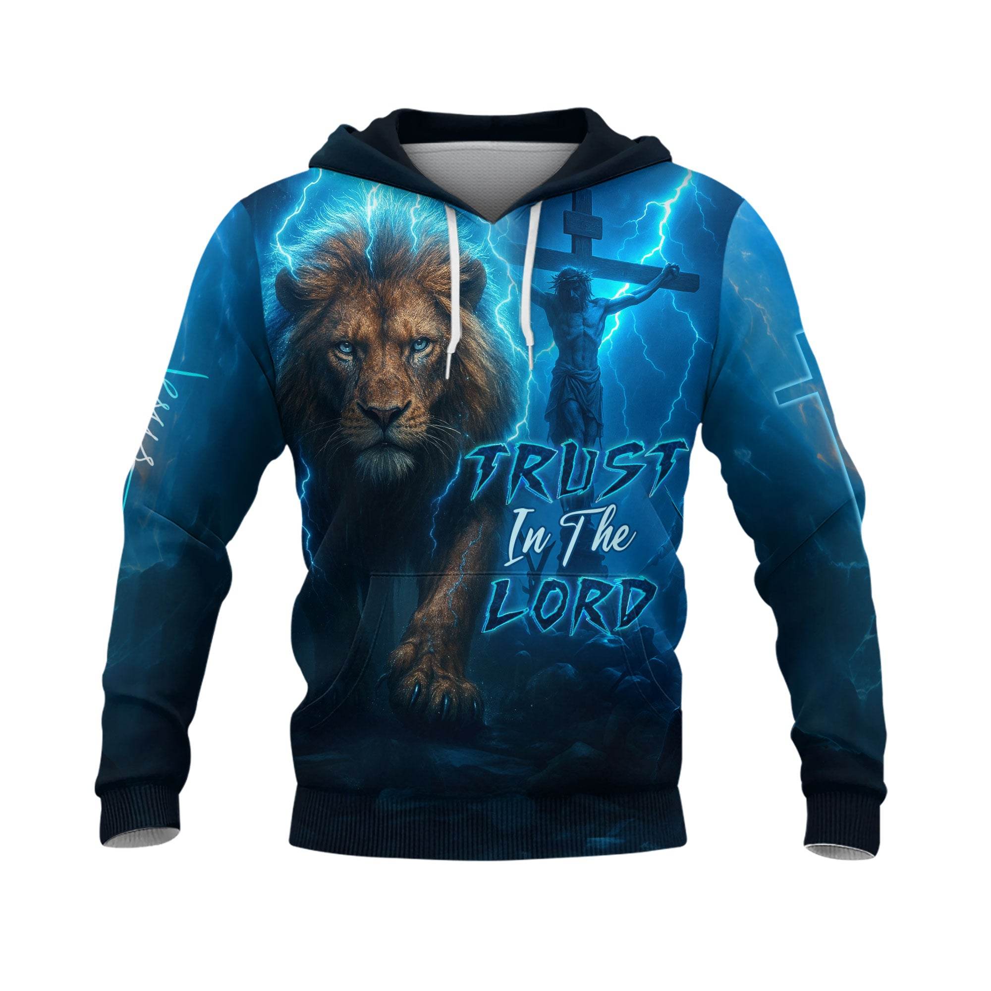 Trust In The Lord Blue Lightning Lion & Cross Design Hoodie - Rust Field Wear
