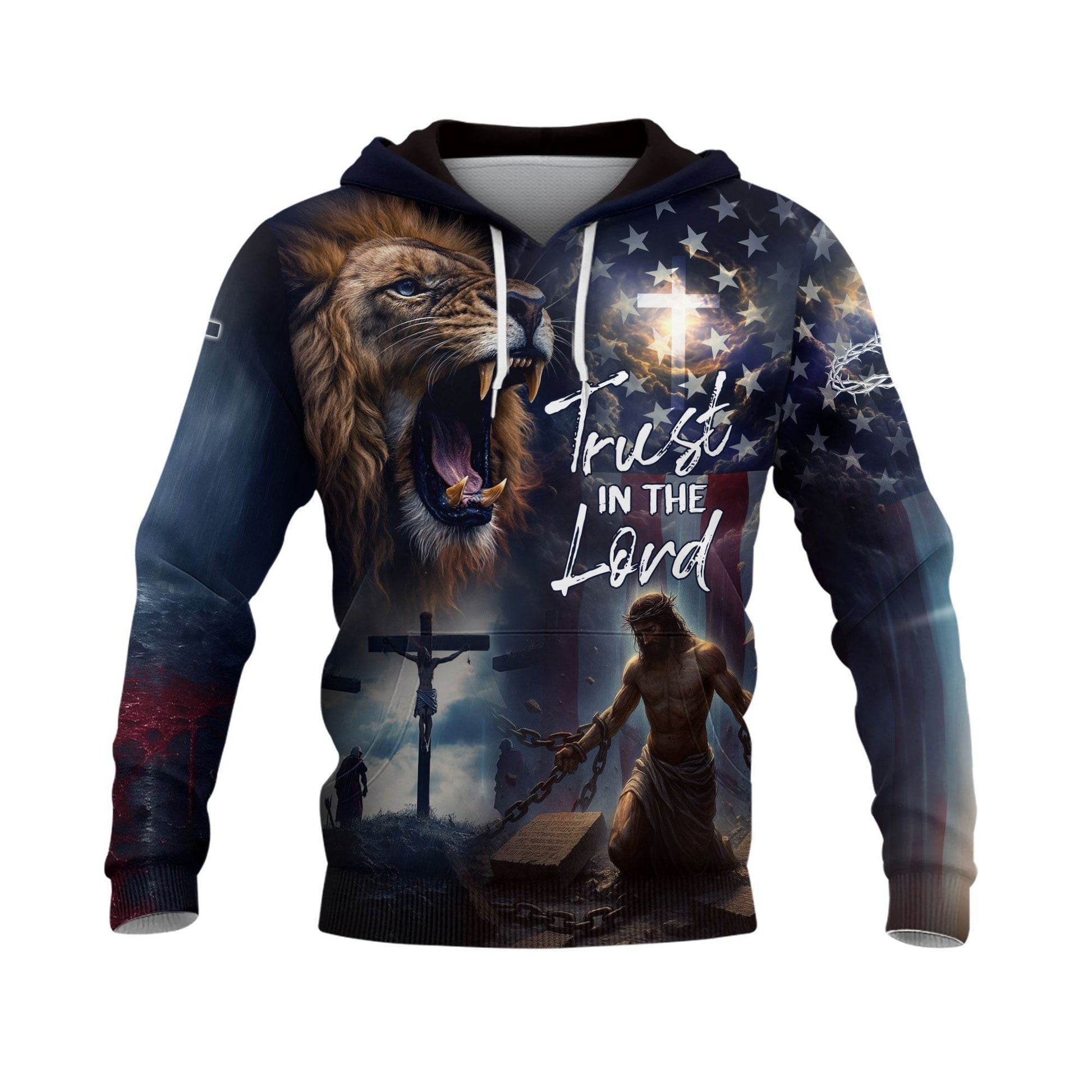 Trust In The Lord Lion & Cross American Flag Christian Hoodie - Rust Field Wear