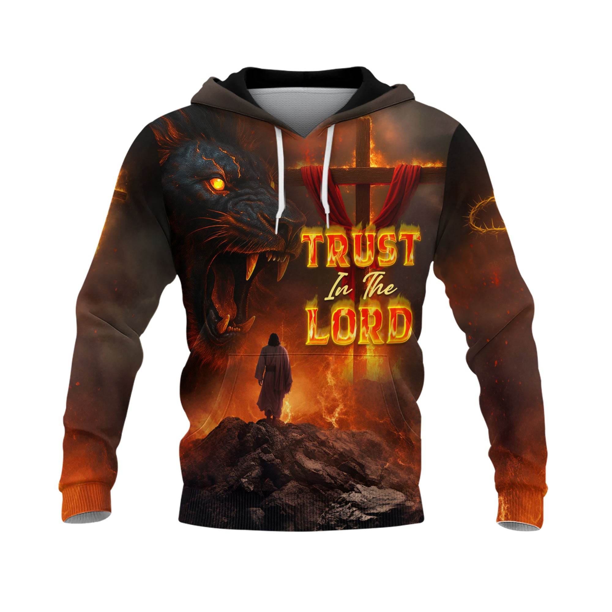 Trust In The Lord Cross & Lion Fire Design Hoodie - Rust Field Wear