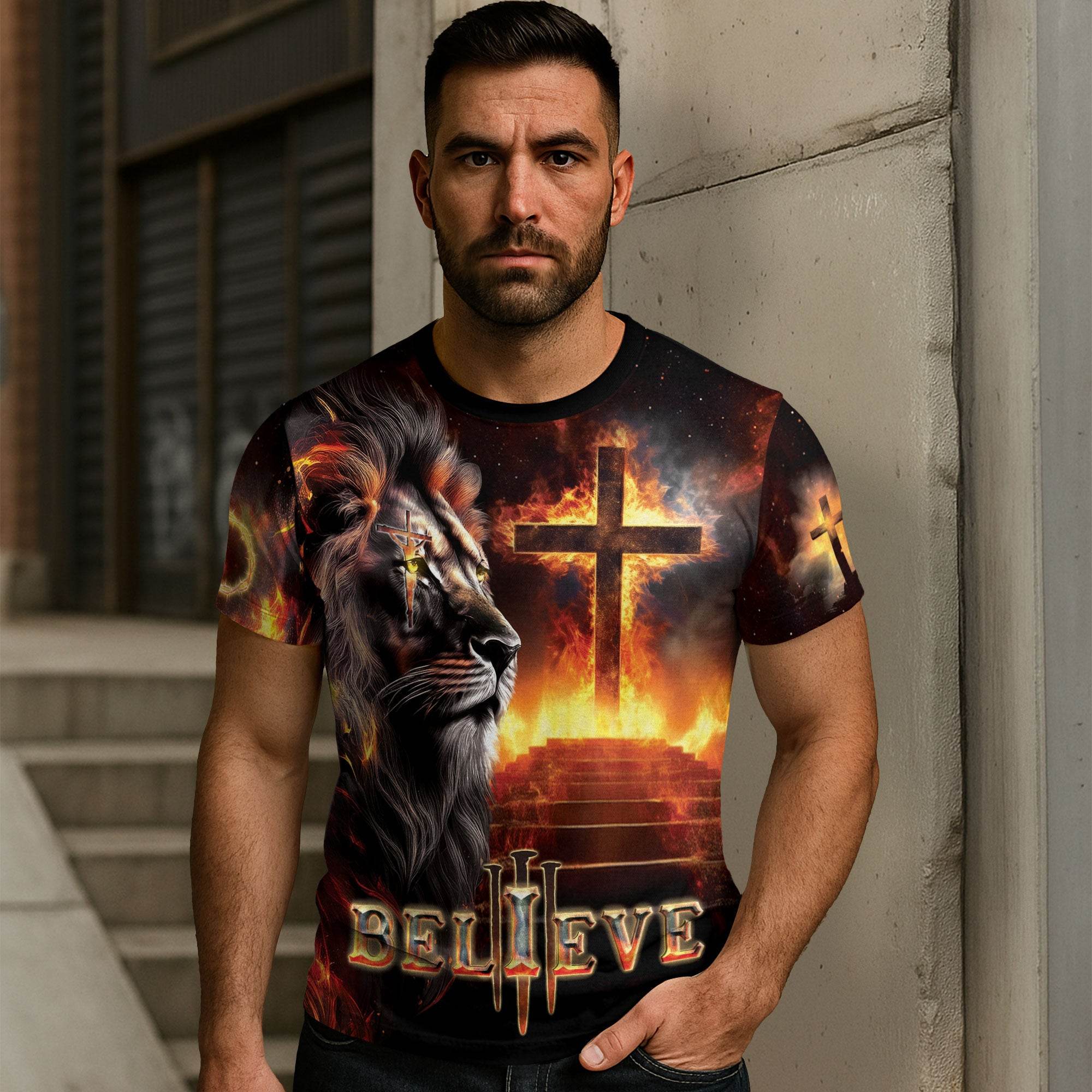 Believe In The Lion Of Judah And The Glowing Cross T-Shirt - Rust Field Wear