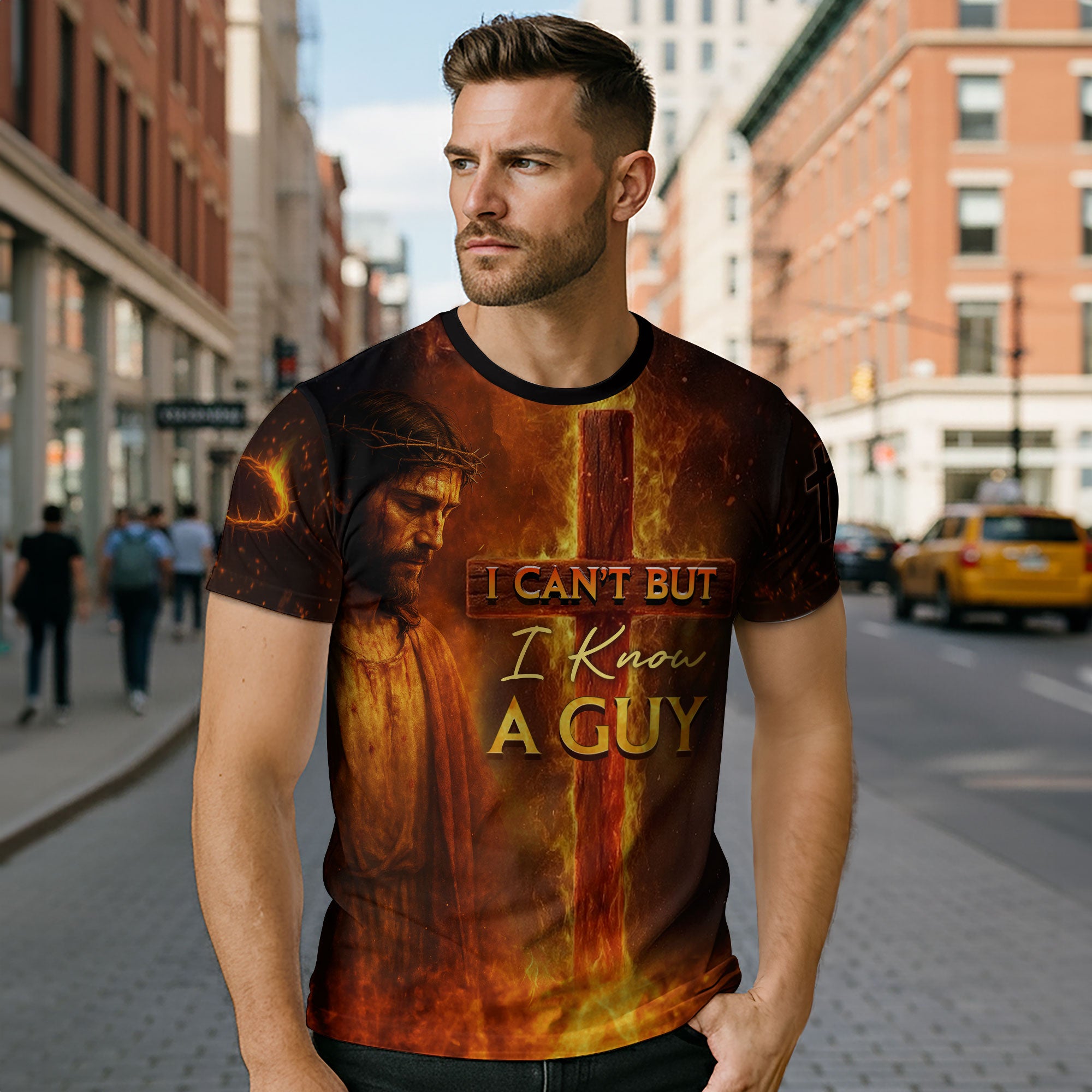 I Can’t But I Know A Guy Jesus and Lion Fire Cross Christian T-Shirt