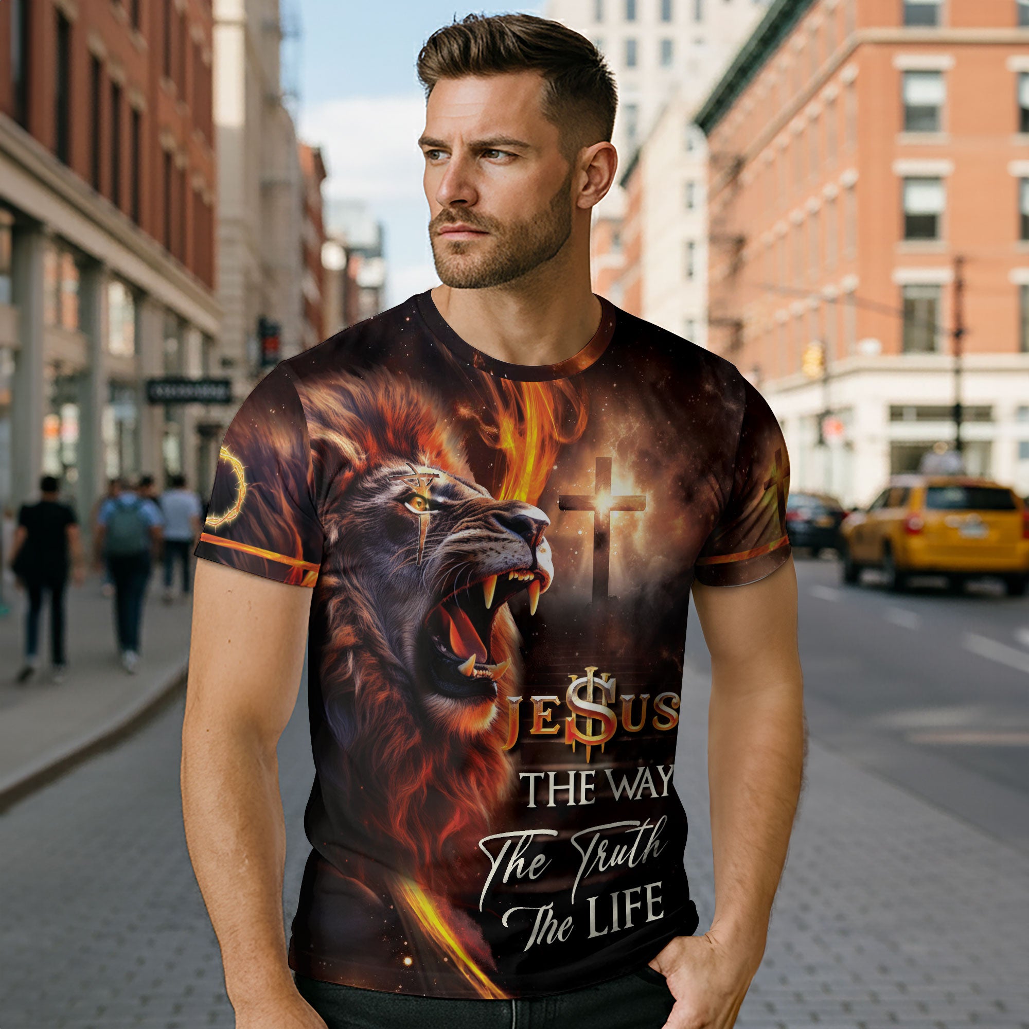Jesus The Way The Truth The Life Cross & Lion Fire T-Shirt
