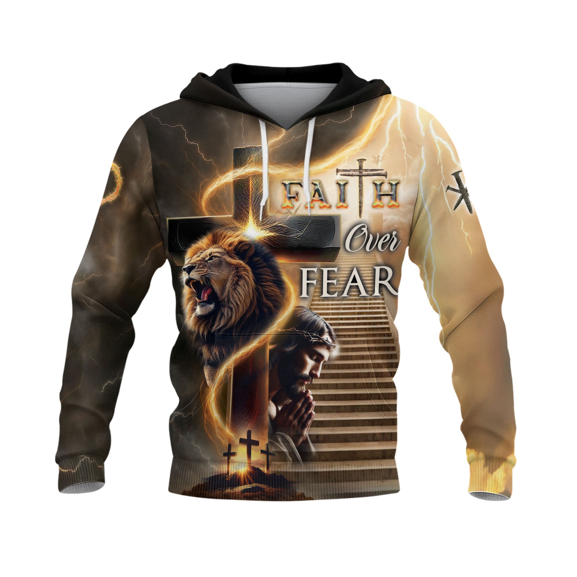 Faith Over Fear Lion and Cross Lightning Hoodie
