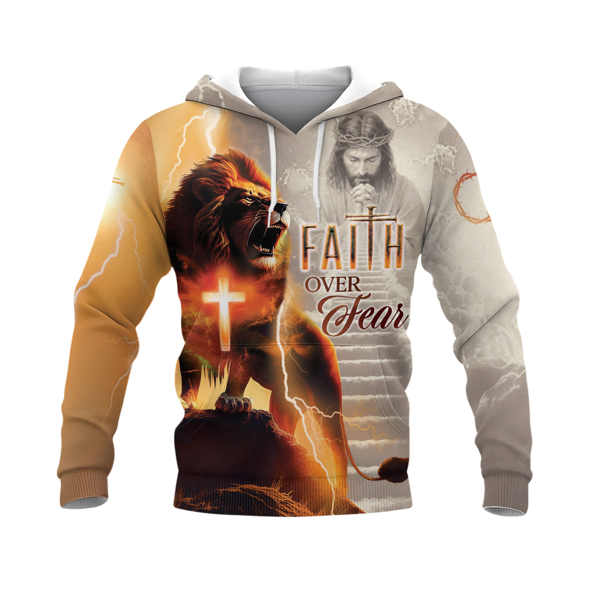 Faith Over Fear Lion and Cross Lightning Christian Hoodie
