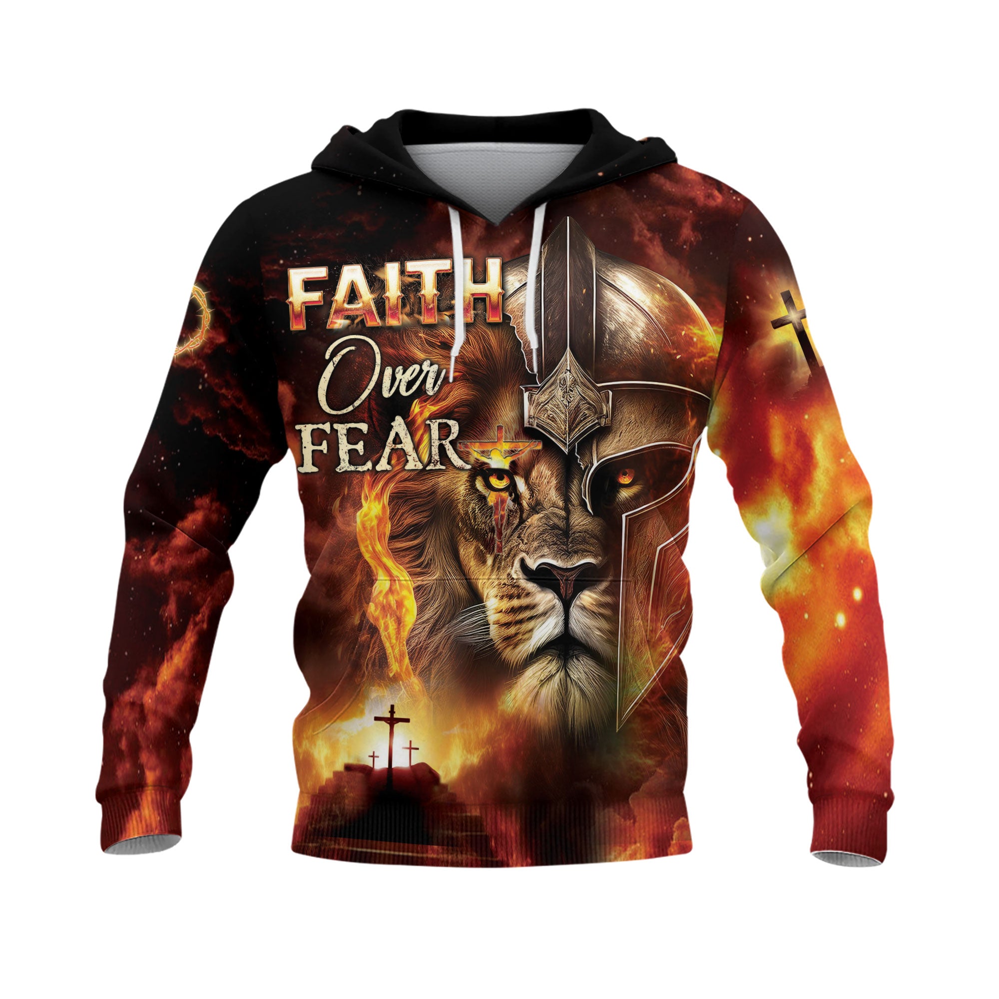 Faith Over Fear Lion Warrior & Cross Christian Hoodie
