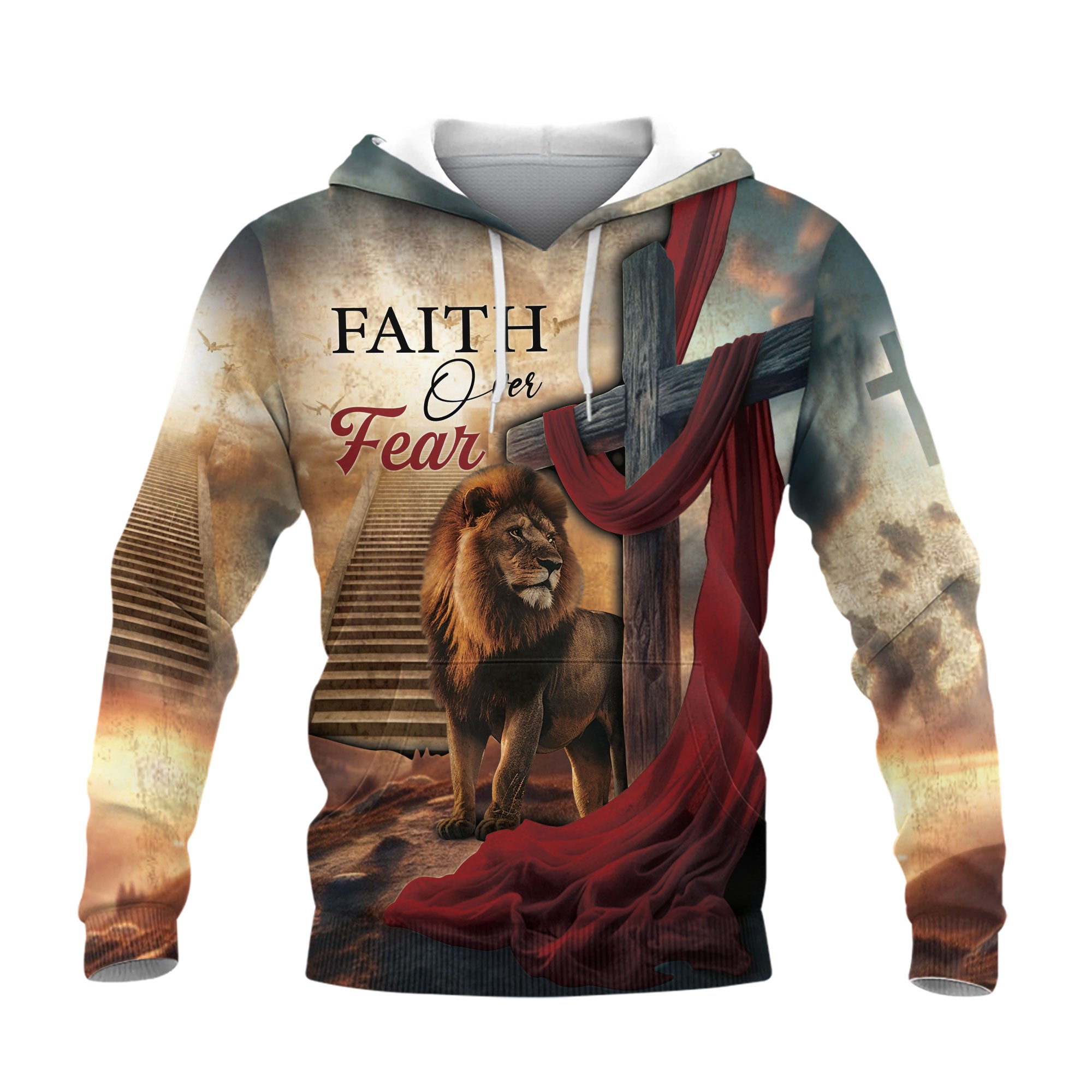 Faith Over Fear Lion and Cross with Red Cloth Christian Hoodie