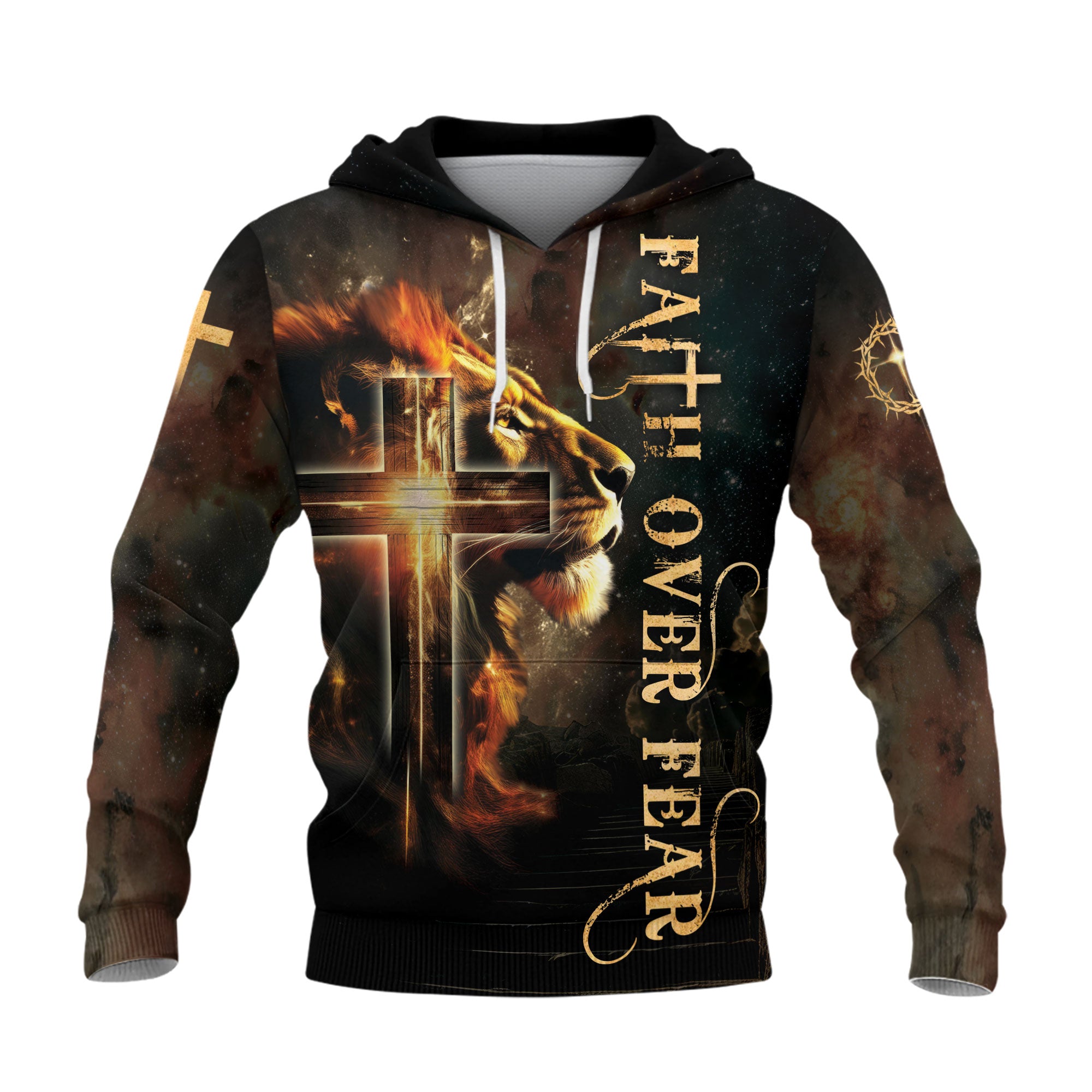 Faith Over Fear Lion & Cross Galaxy Glow Hoodie