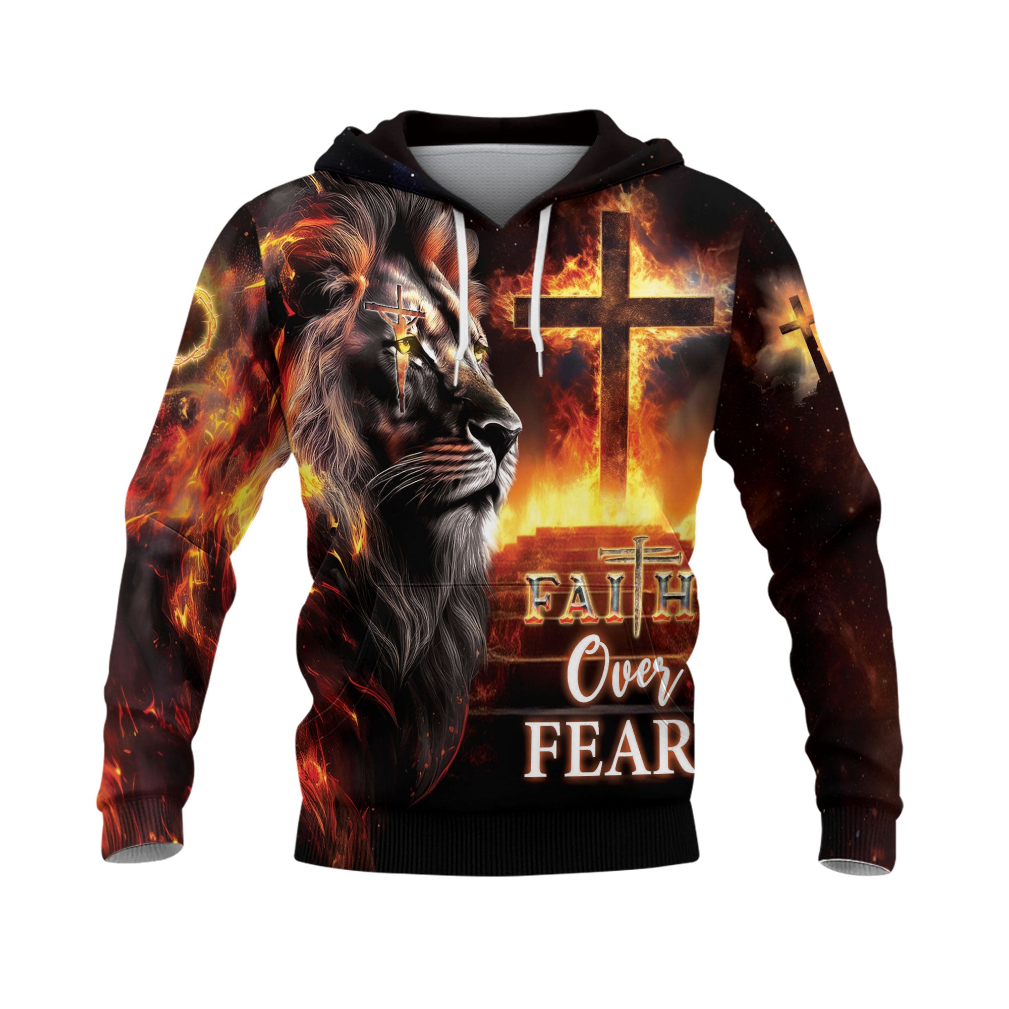 Faith Over Fear Cross & Lion Christian Hoodie
