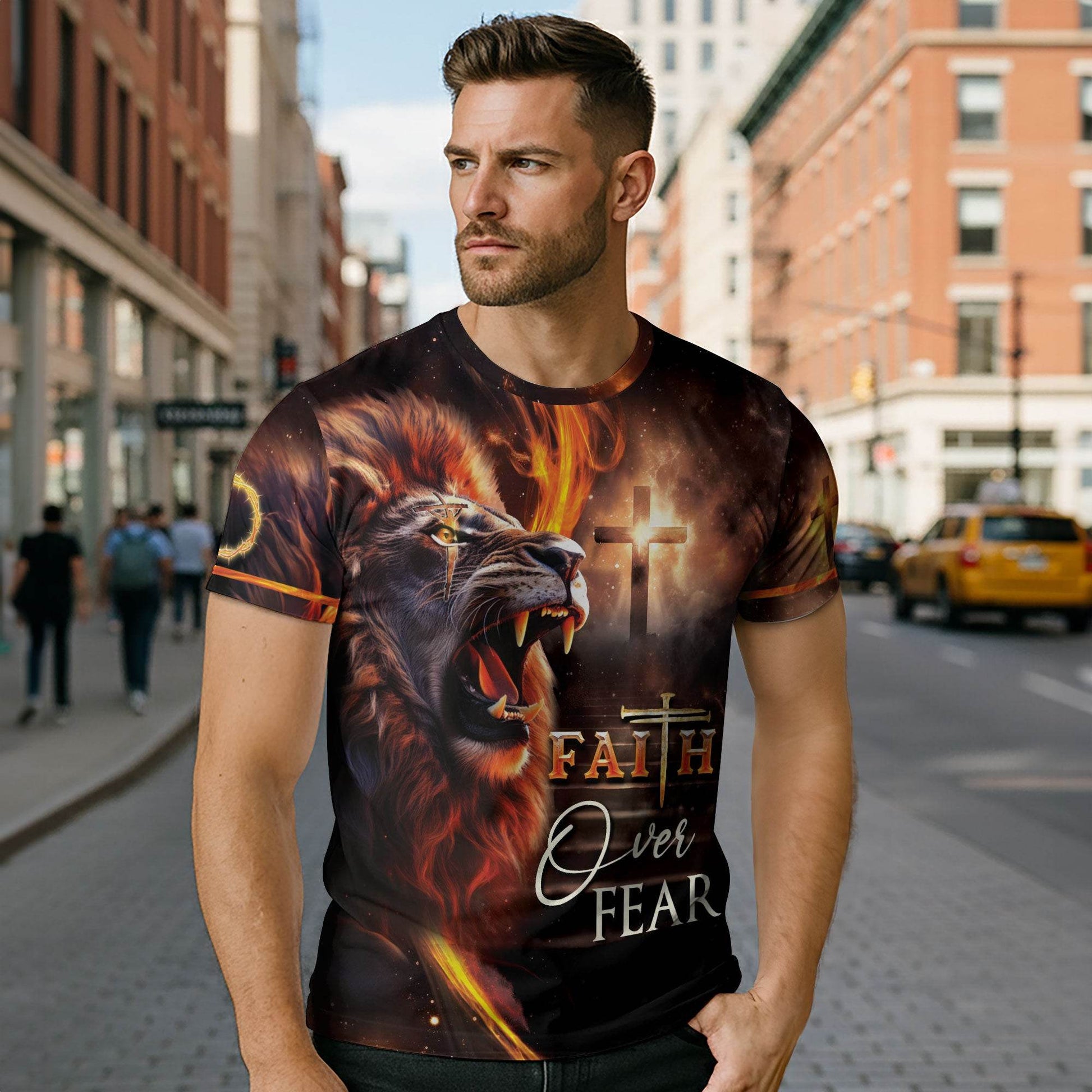 Faith Over Fear Fiery Lion & Cross Christian T-Shirt - Rust Field Wear