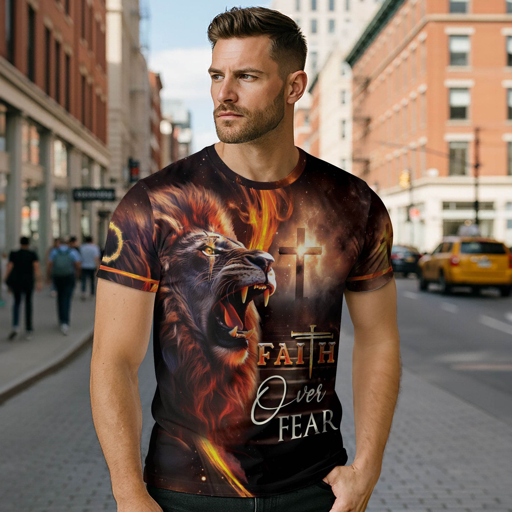Faith Over Fear Fiery Lion & Cross Christian T-Shirt - Rust Field Wear
