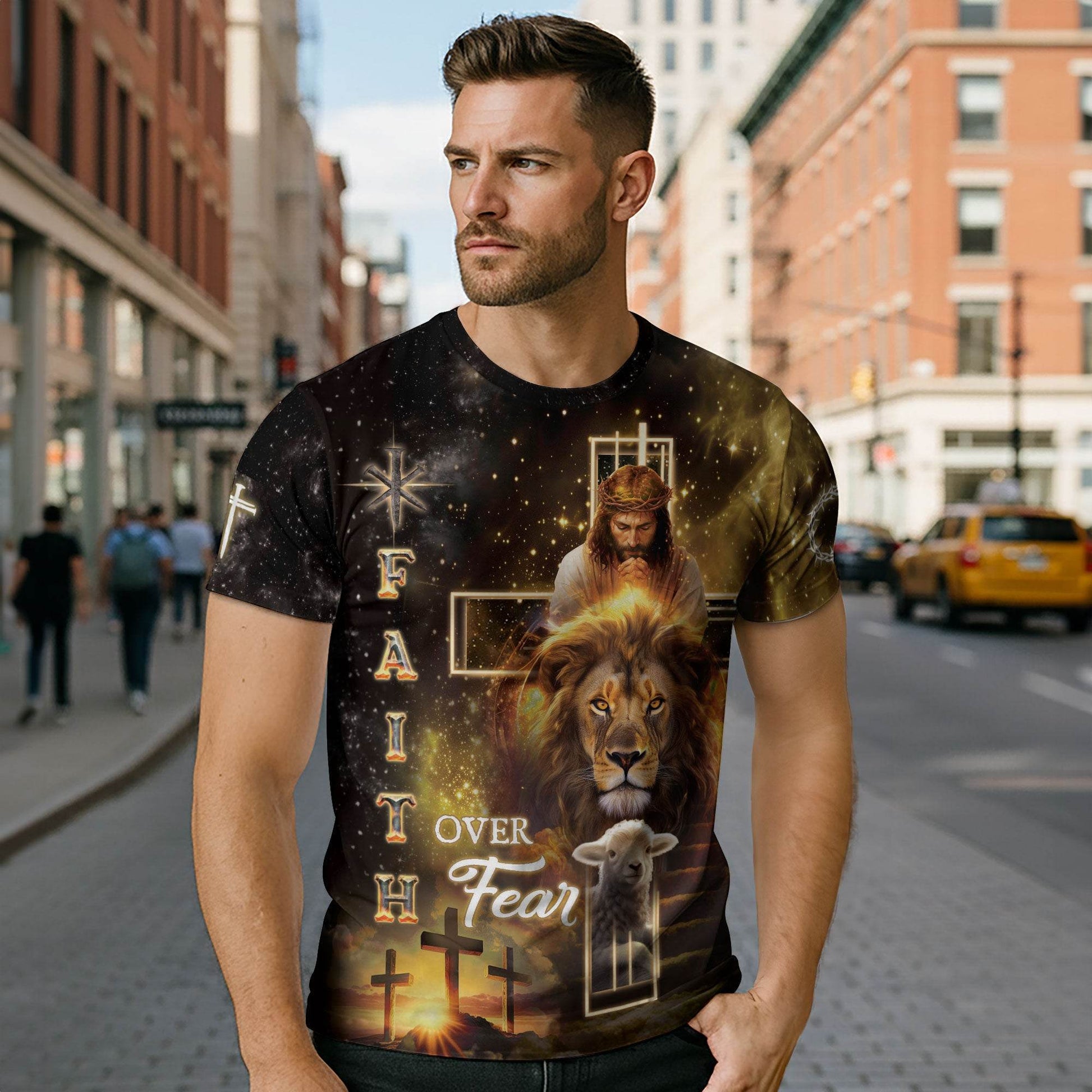 Faith Over Fear Golden Cross Christian T-Shirt - Rust Field Wear