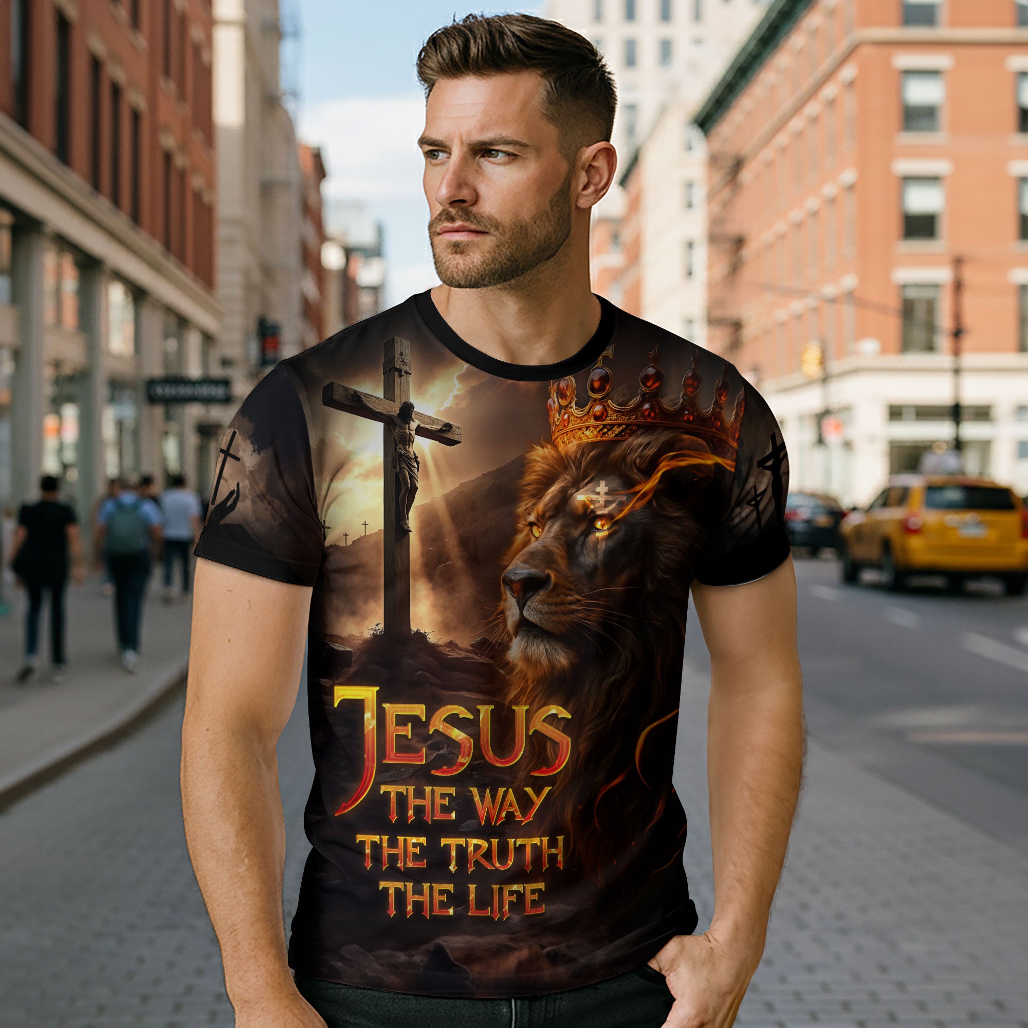 Jesus The Way The Truth The Life Lion of Judah Fire Cross Christian T-Shirt