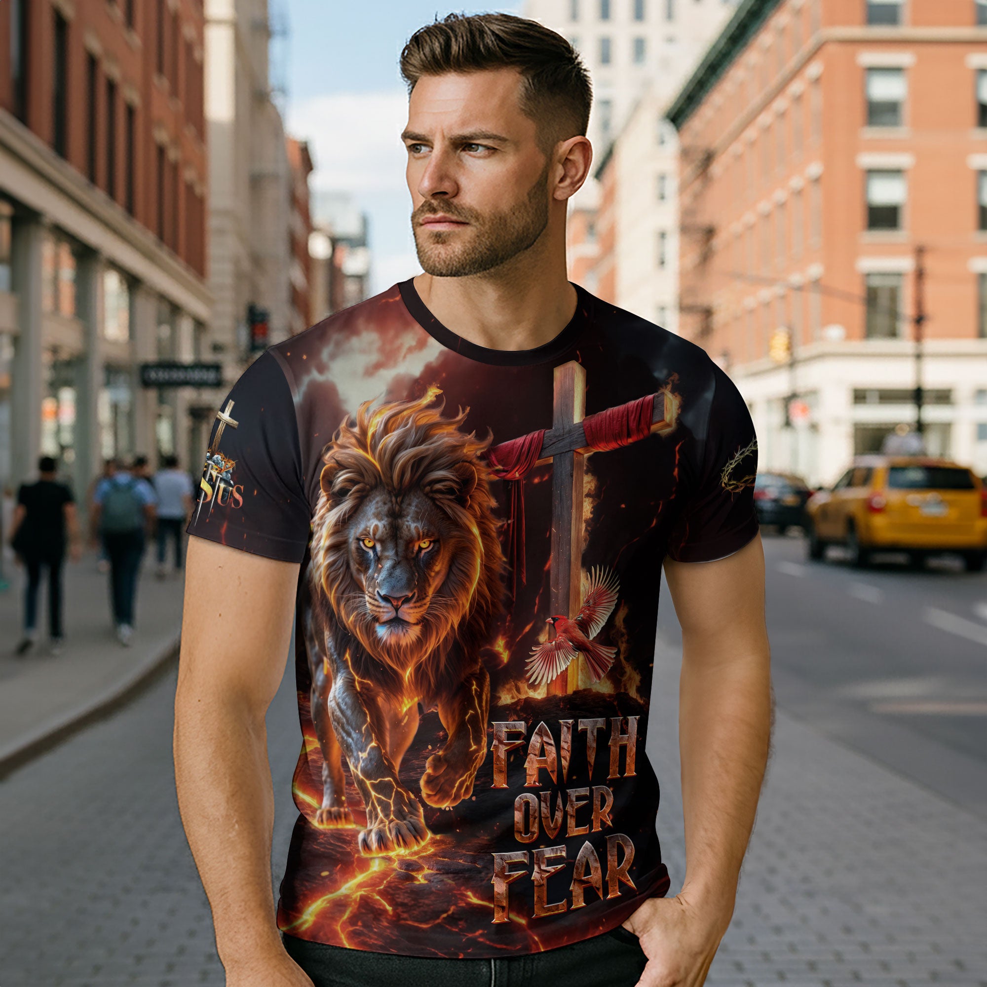 Faith Over Fear Lion of Judah Cross Christian T-Shirt