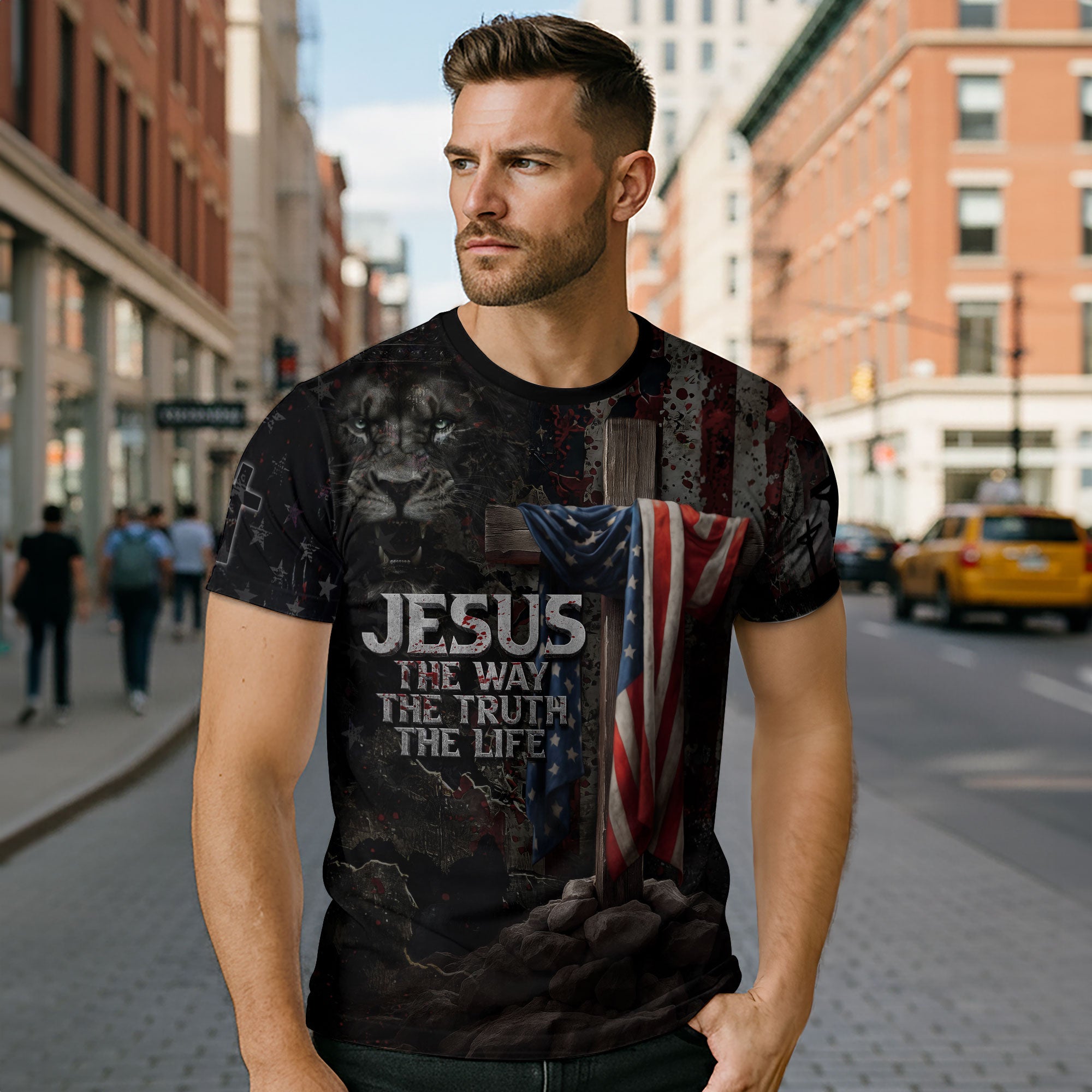 Jesus The Way The Truth The Life American Flag Cross Lion Christian T-Shirt
