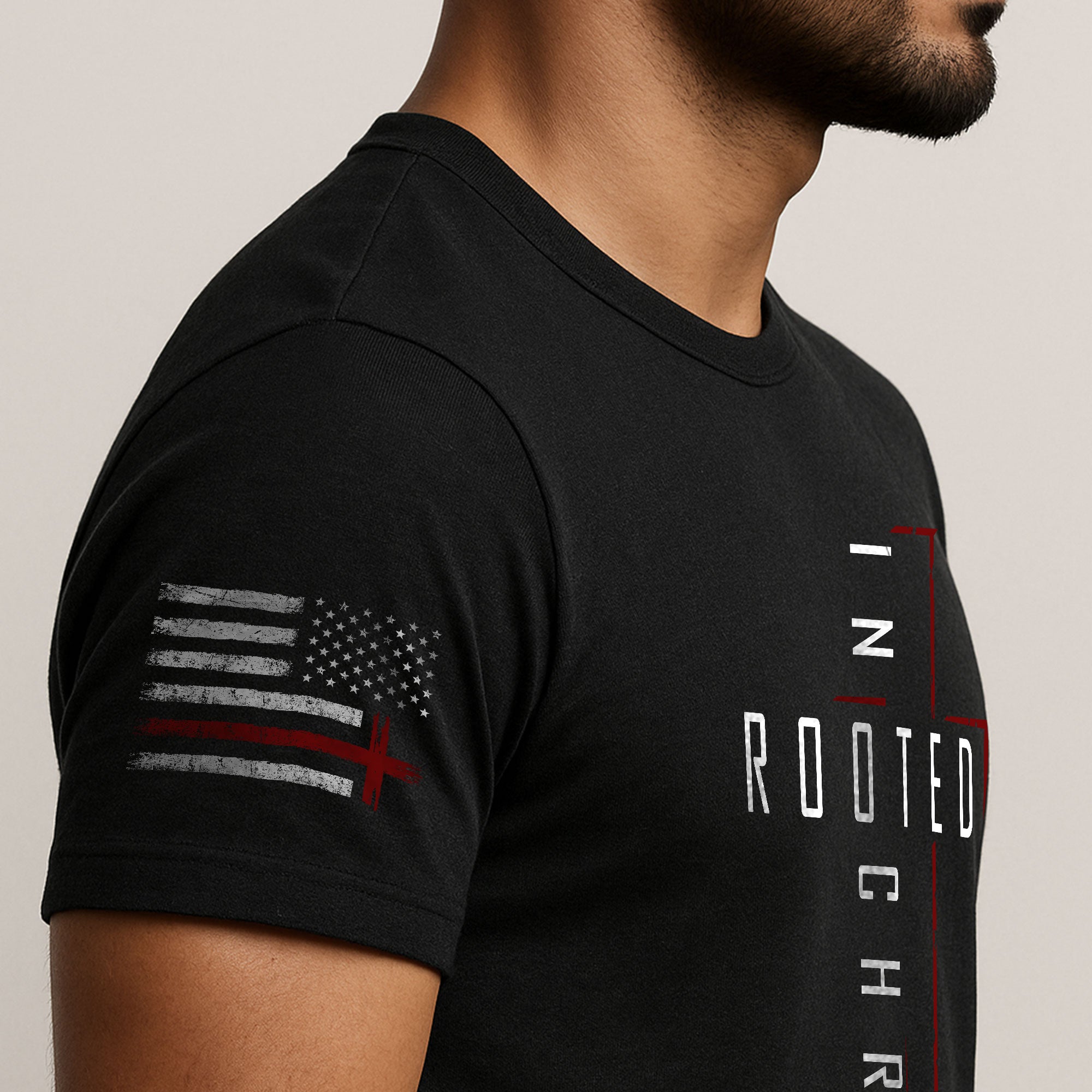 Rooted In Christ Red Cross and Roots Christian T-Shirt
