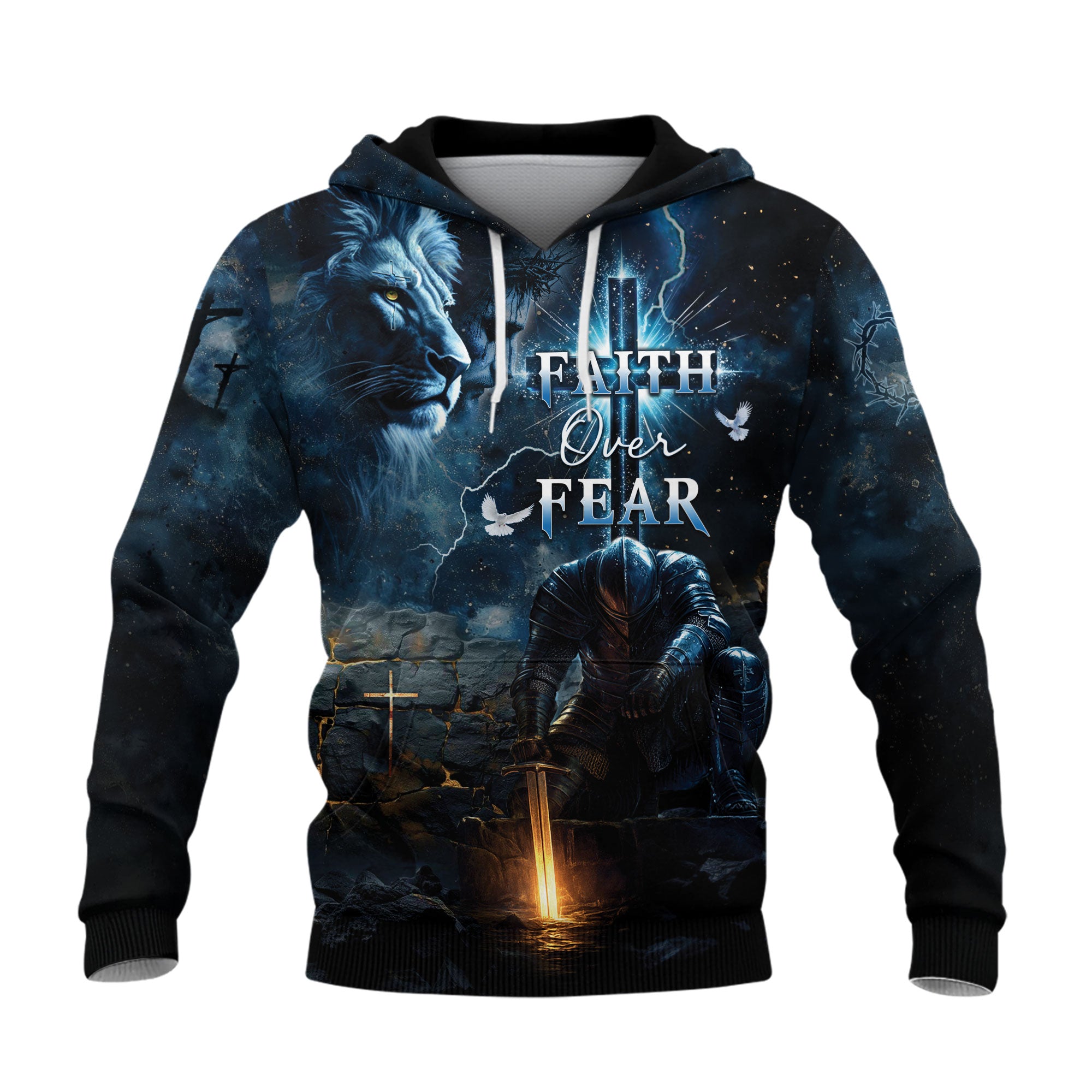 Faith Over Fear Christian Hoodie Warrior Lion Cross Design